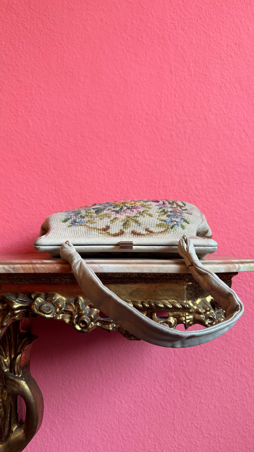 Vintage 1950s Ivory Wool Needlepoint Floral Handbag
