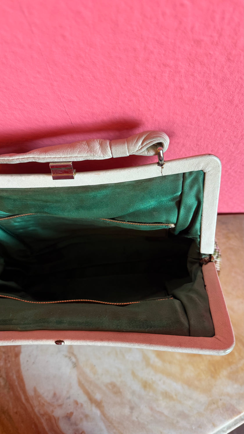 Vintage 1950s Ivory Wool Needlepoint Floral Handbag