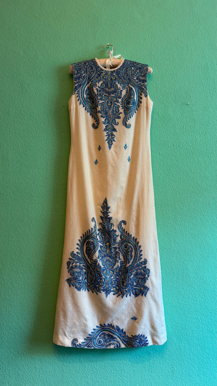 Vintage 1970s Cream Wool Cotton Paisley Embroidered Maxi Dress