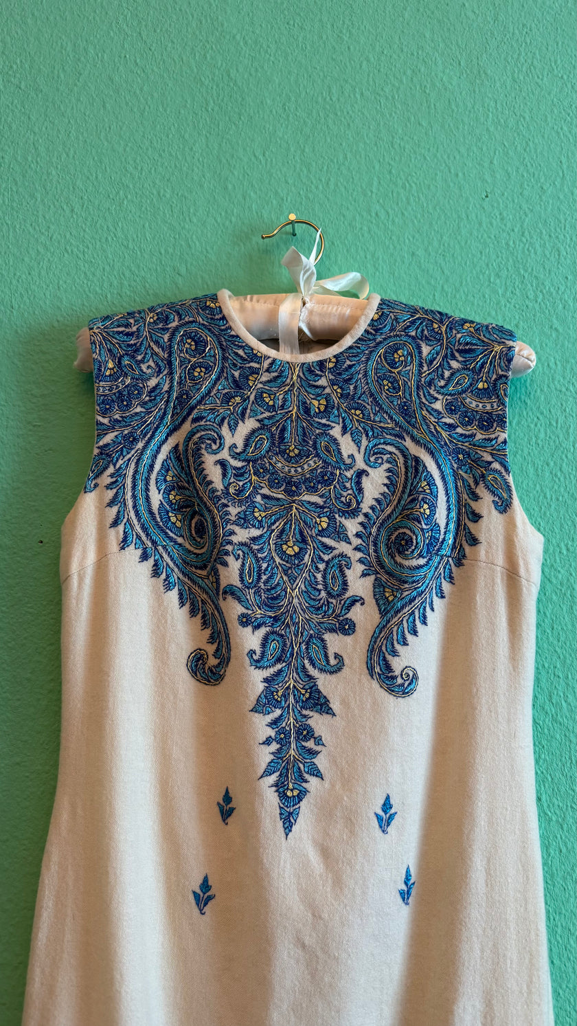Vintage 1970s Cream Wool Cotton Paisley Embroidered Maxi Dress