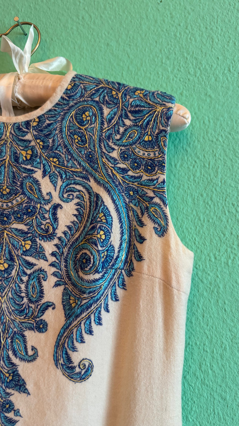 Vintage 1970s Cream Wool Cotton Paisley Embroidered Maxi Dress