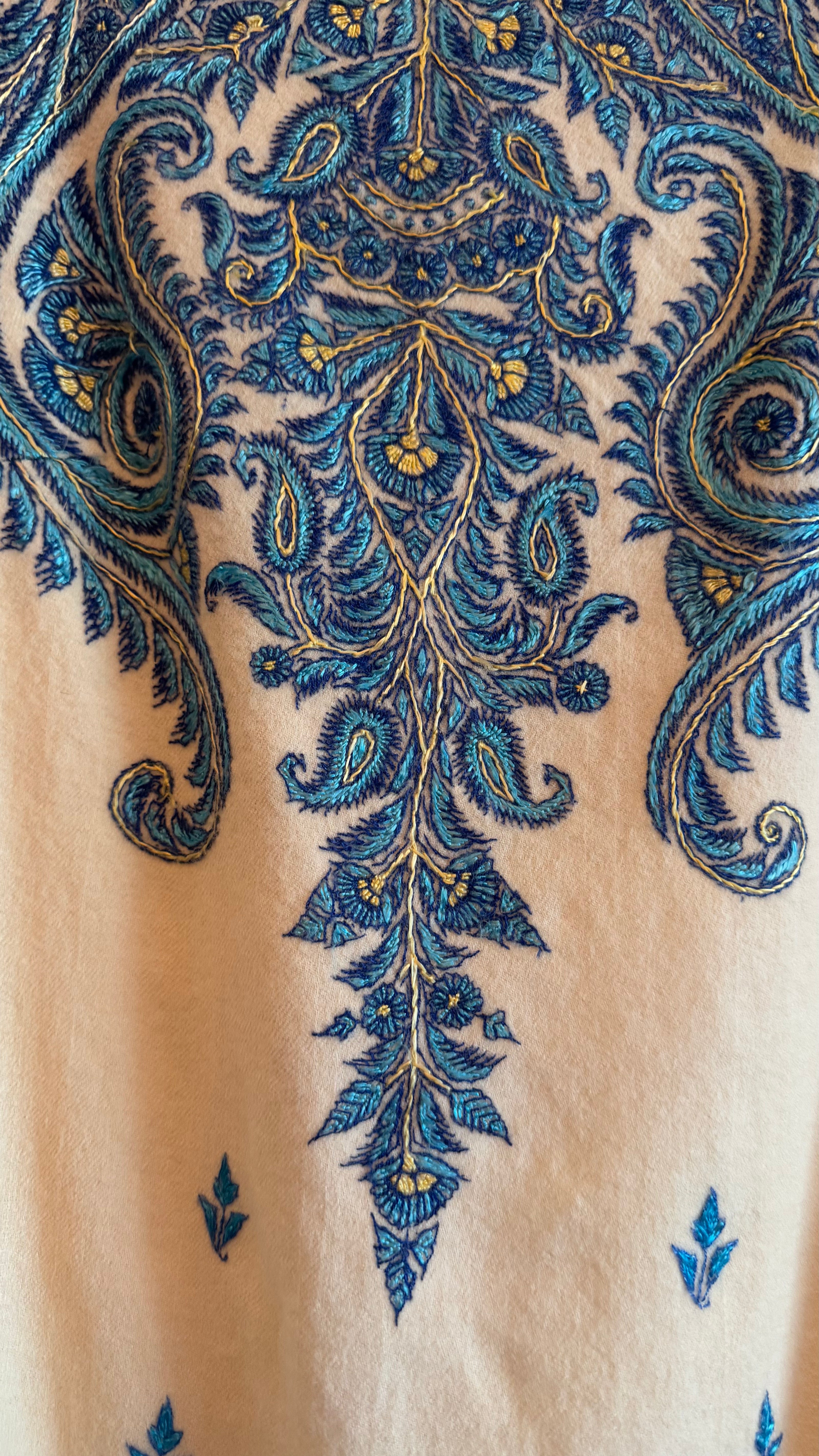 Vintage 1970s Cream Wool Cotton Paisley Embroidered Maxi Dress