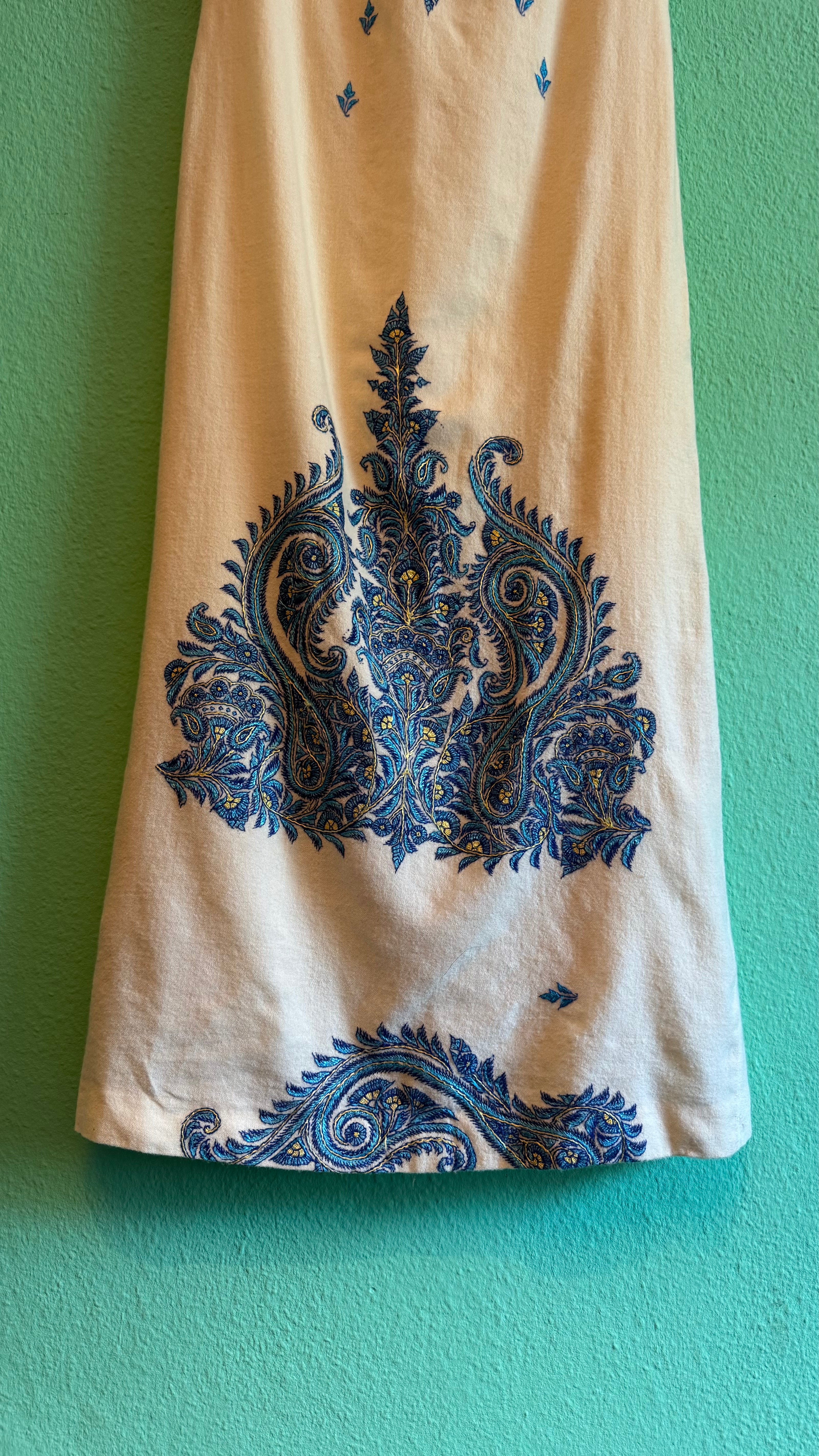Vintage 1970s Cream Wool Cotton Paisley Embroidered Maxi Dress