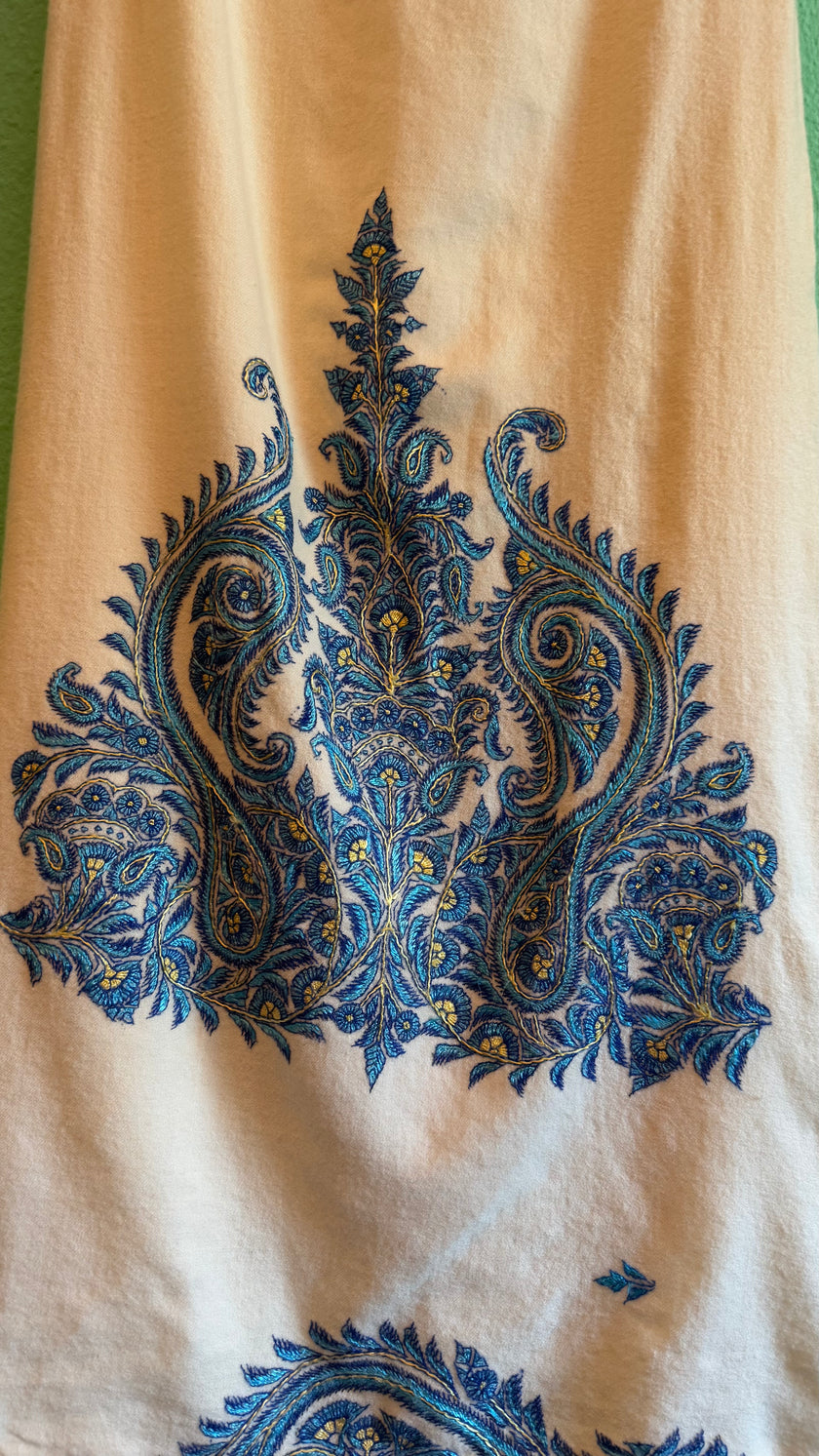 Vintage 1970s Cream Wool Cotton Paisley Embroidered Maxi Dress