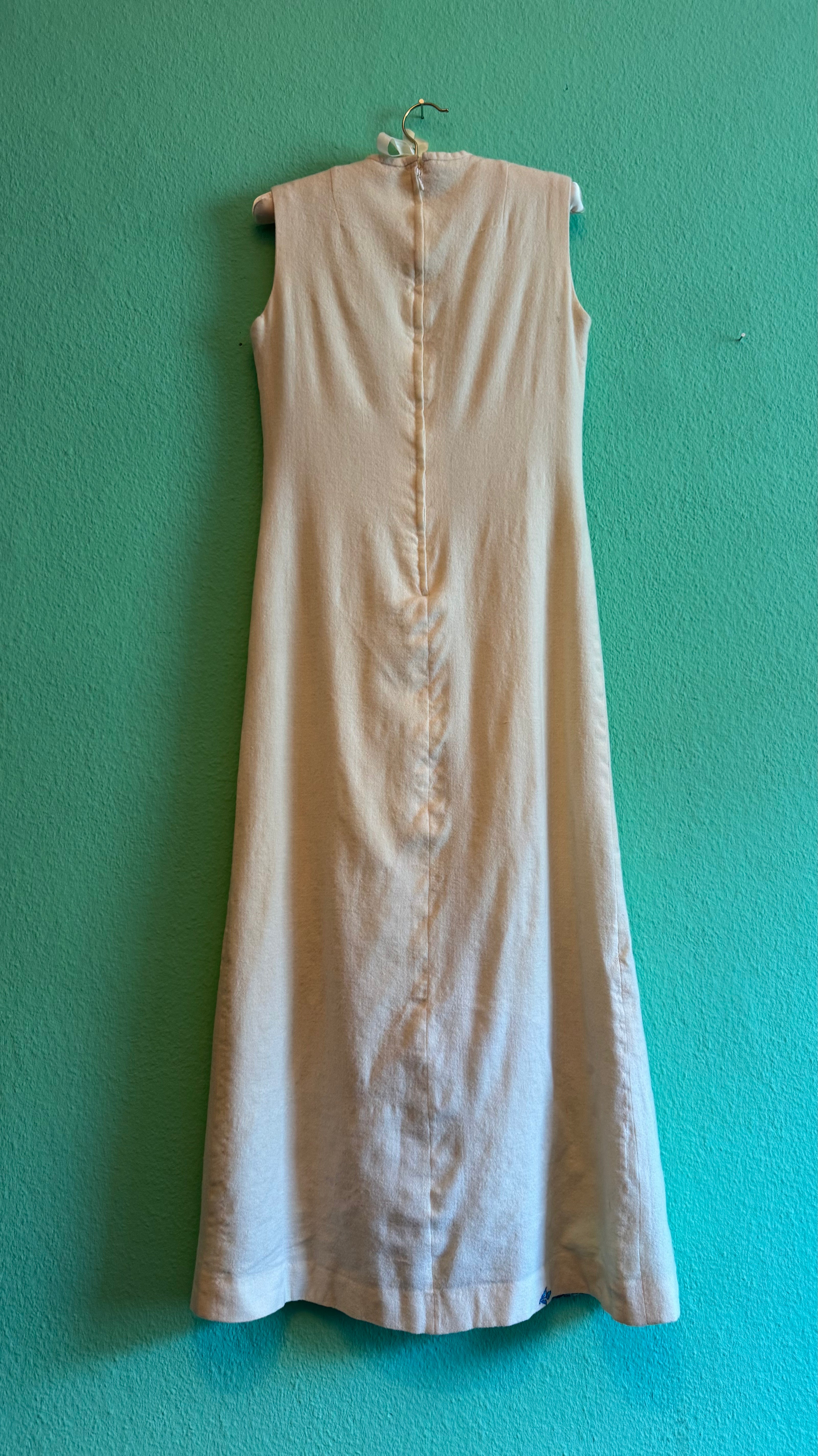 Vintage 1970s Cream Wool Cotton Paisley Embroidered Maxi Dress
