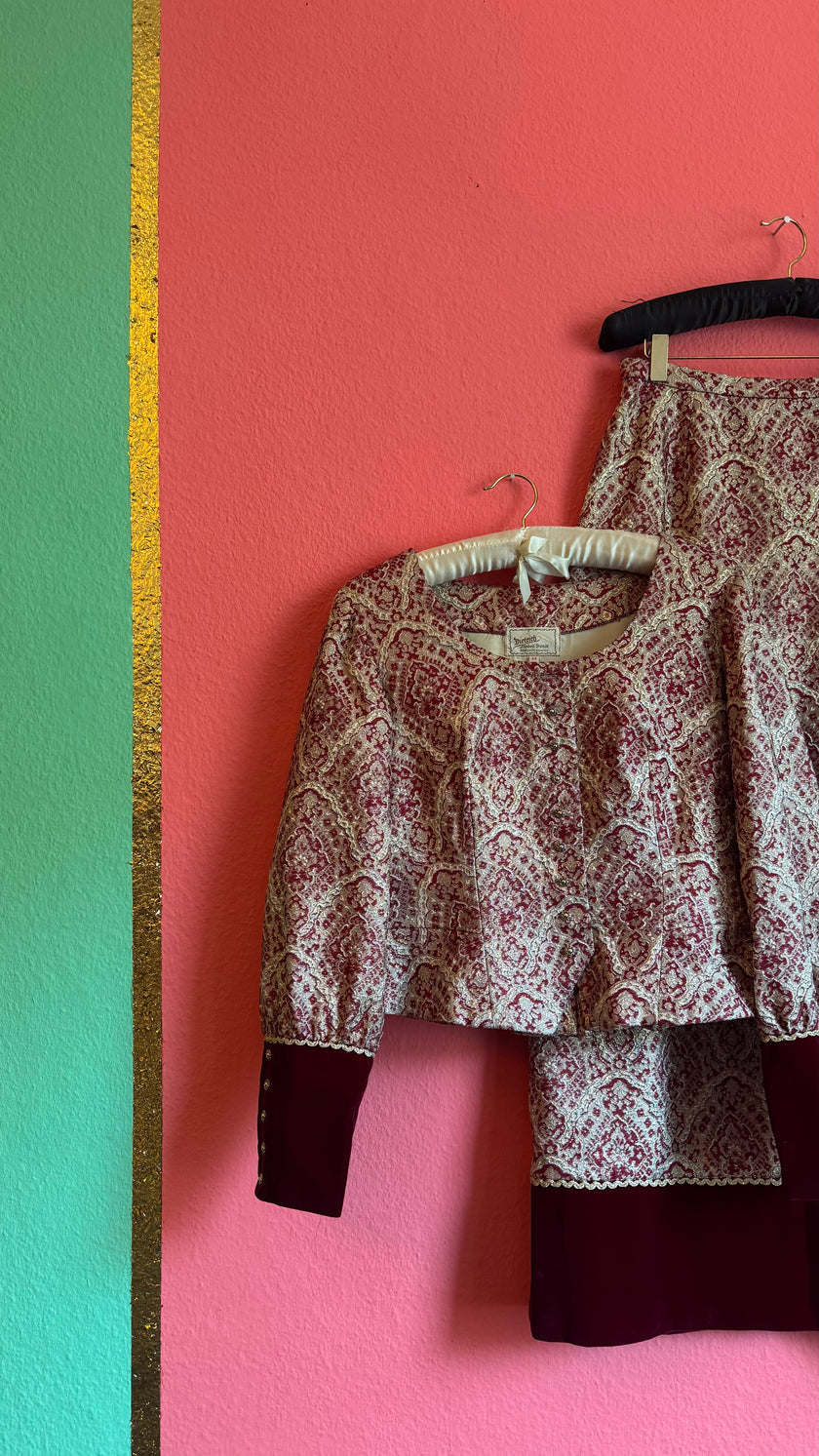 Vintage 1970s Dietrich Burgundy Brocade And Velvet Dirndl Set