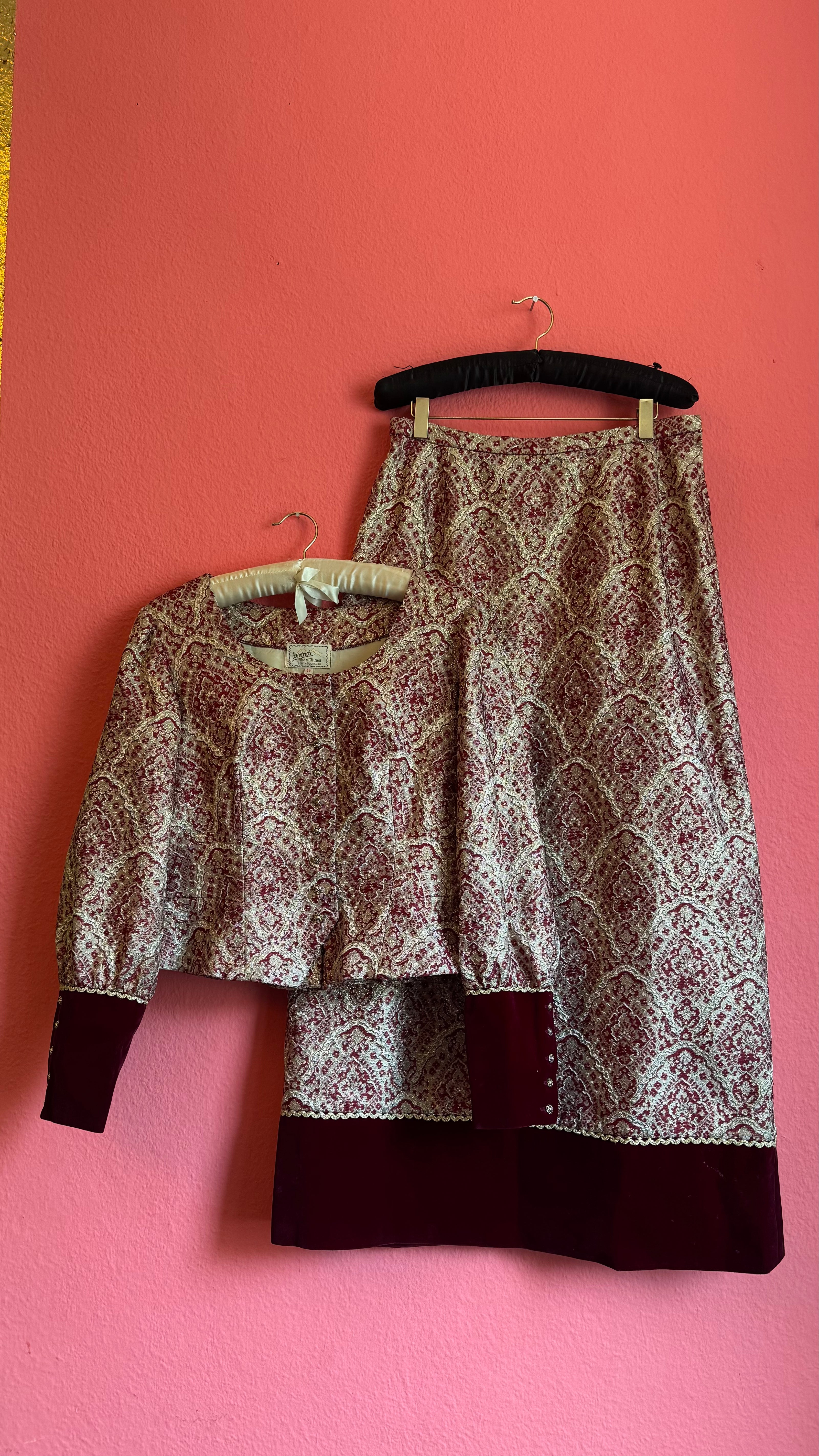 Vintage 1970s Dietrich Burgundy Brocade And Velvet Dirndl Set