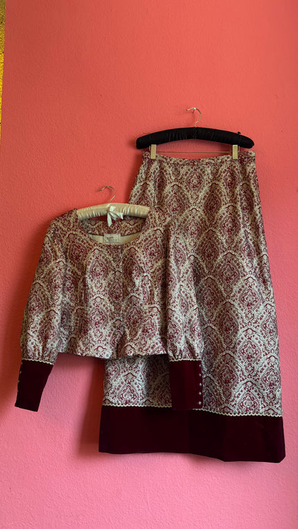 Vintage 1970s Dietrich Burgundy Brocade And Velvet Dirndl Set