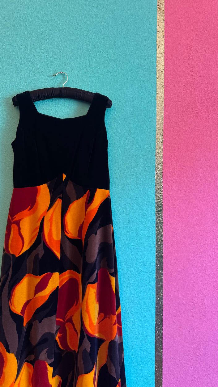 Vintage 1970s Black Velvet Floral Maxi Dress
