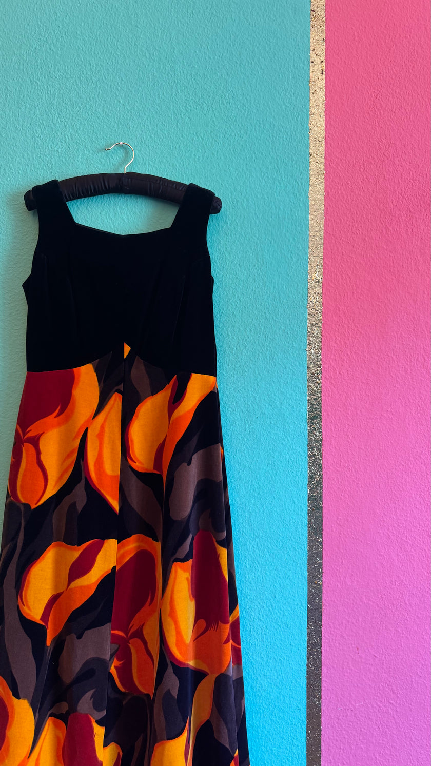 Vintage 1970s Black Velvet Floral Maxi Dress