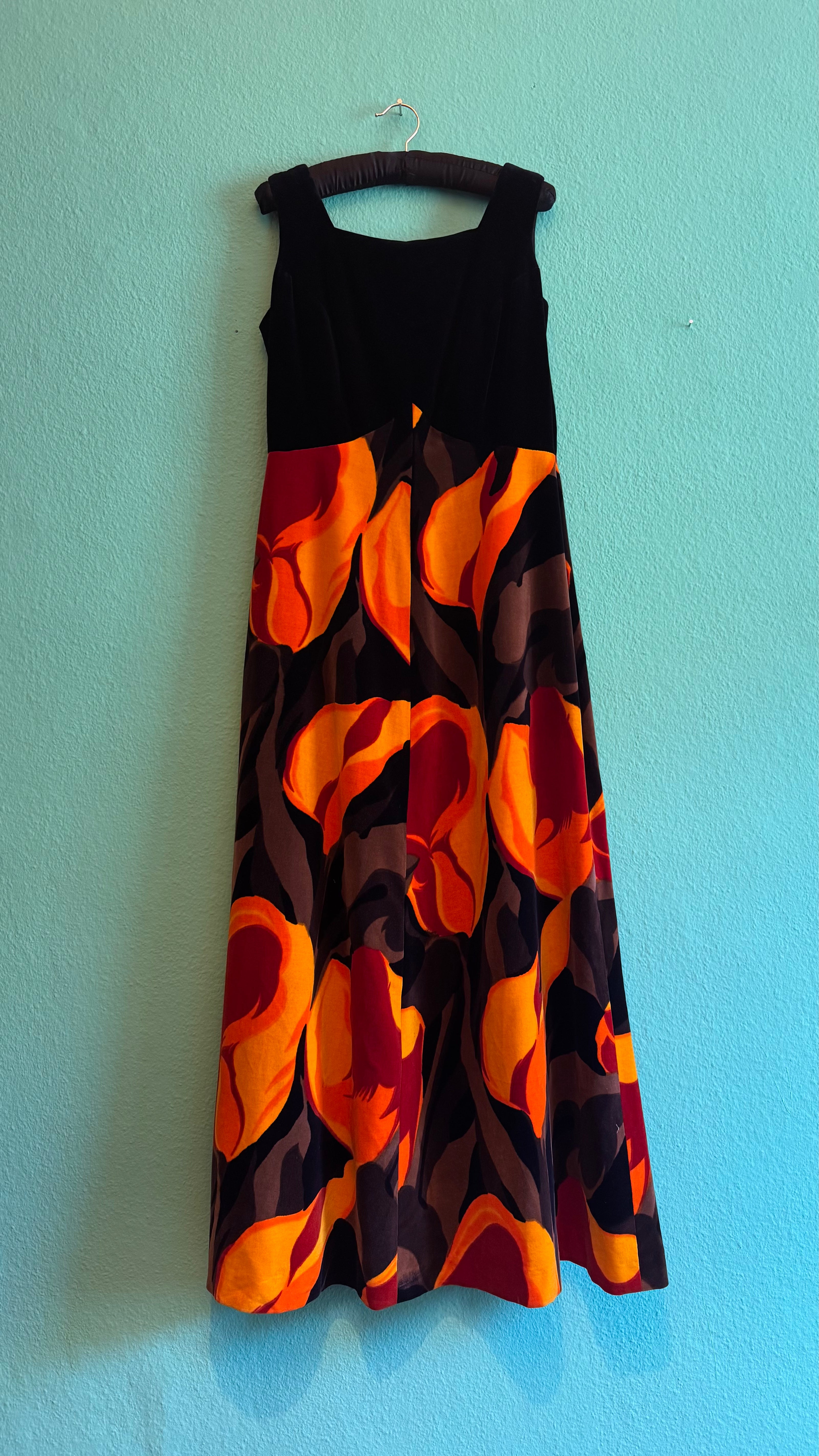 Vintage 1970s Black Velvet Floral Maxi Dress