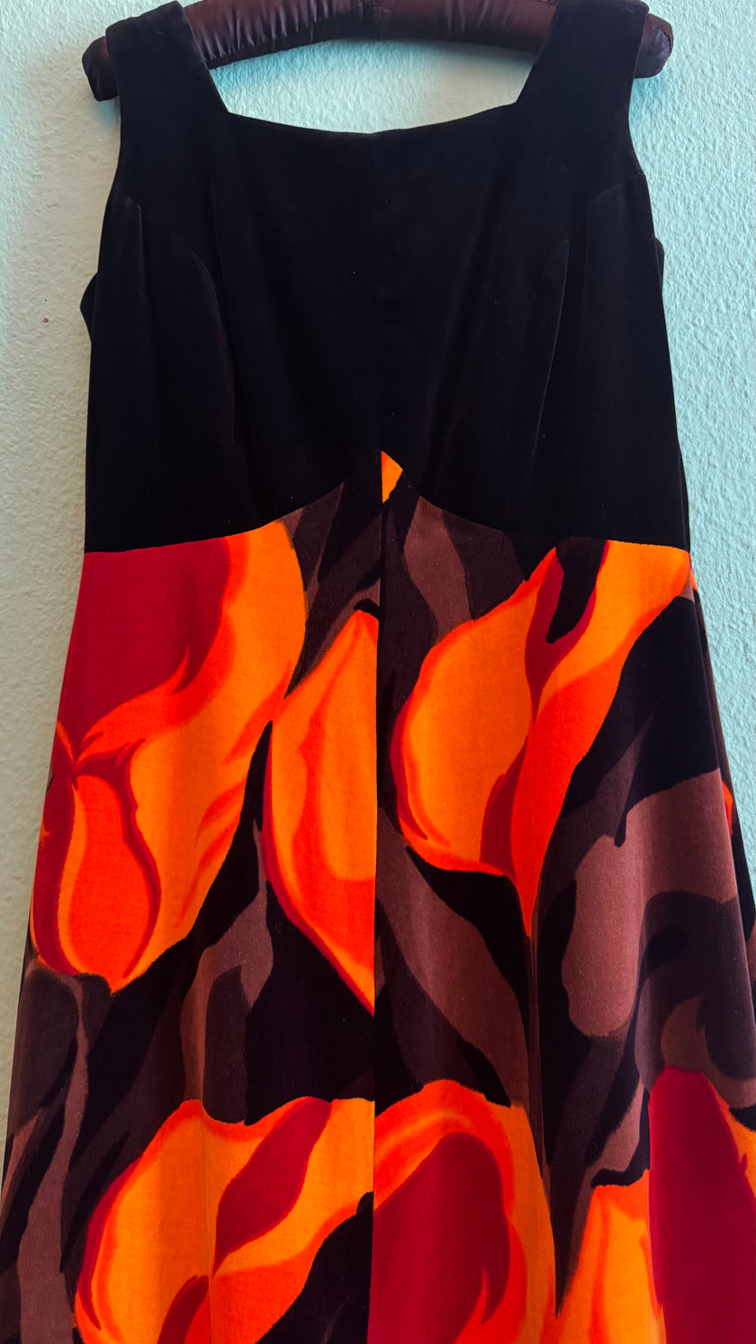 Vintage 1970s Black Velvet Floral Maxi Dress