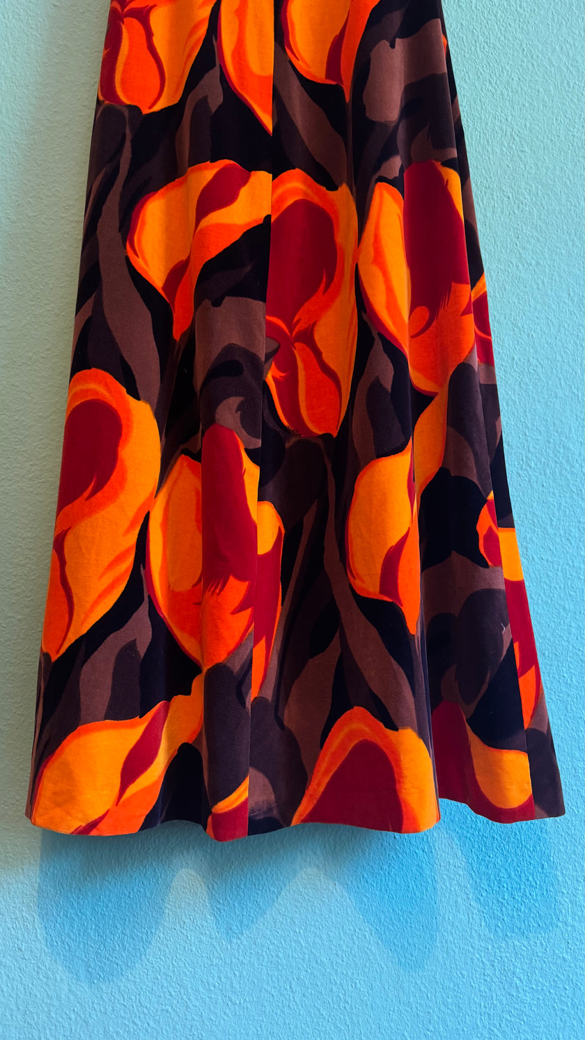 Vintage 1970s Black Velvet Floral Maxi Dress