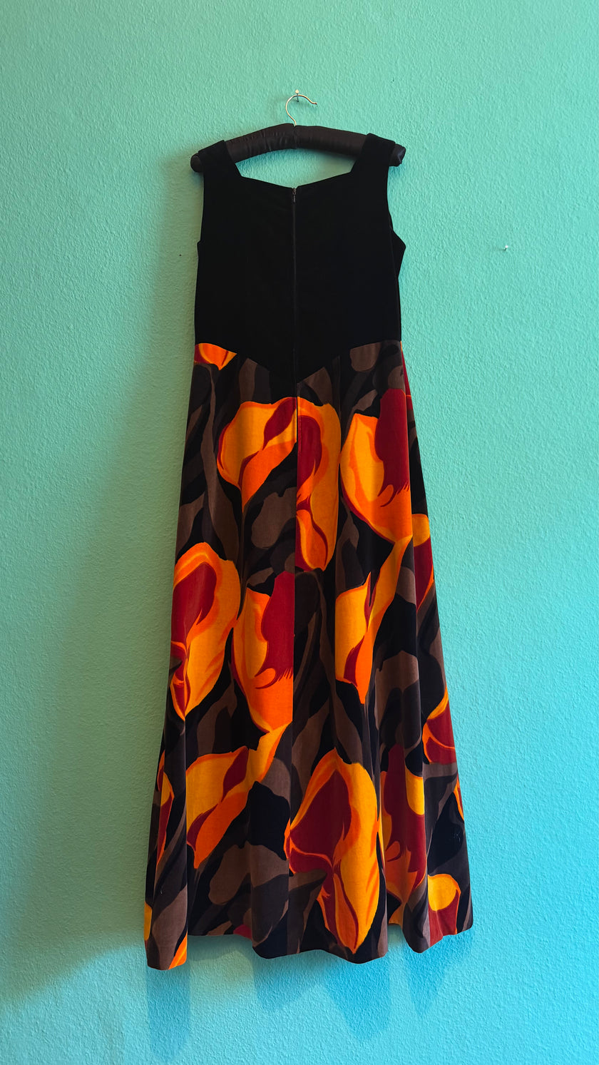 Vintage 1970s Black Velvet Floral Maxi Dress