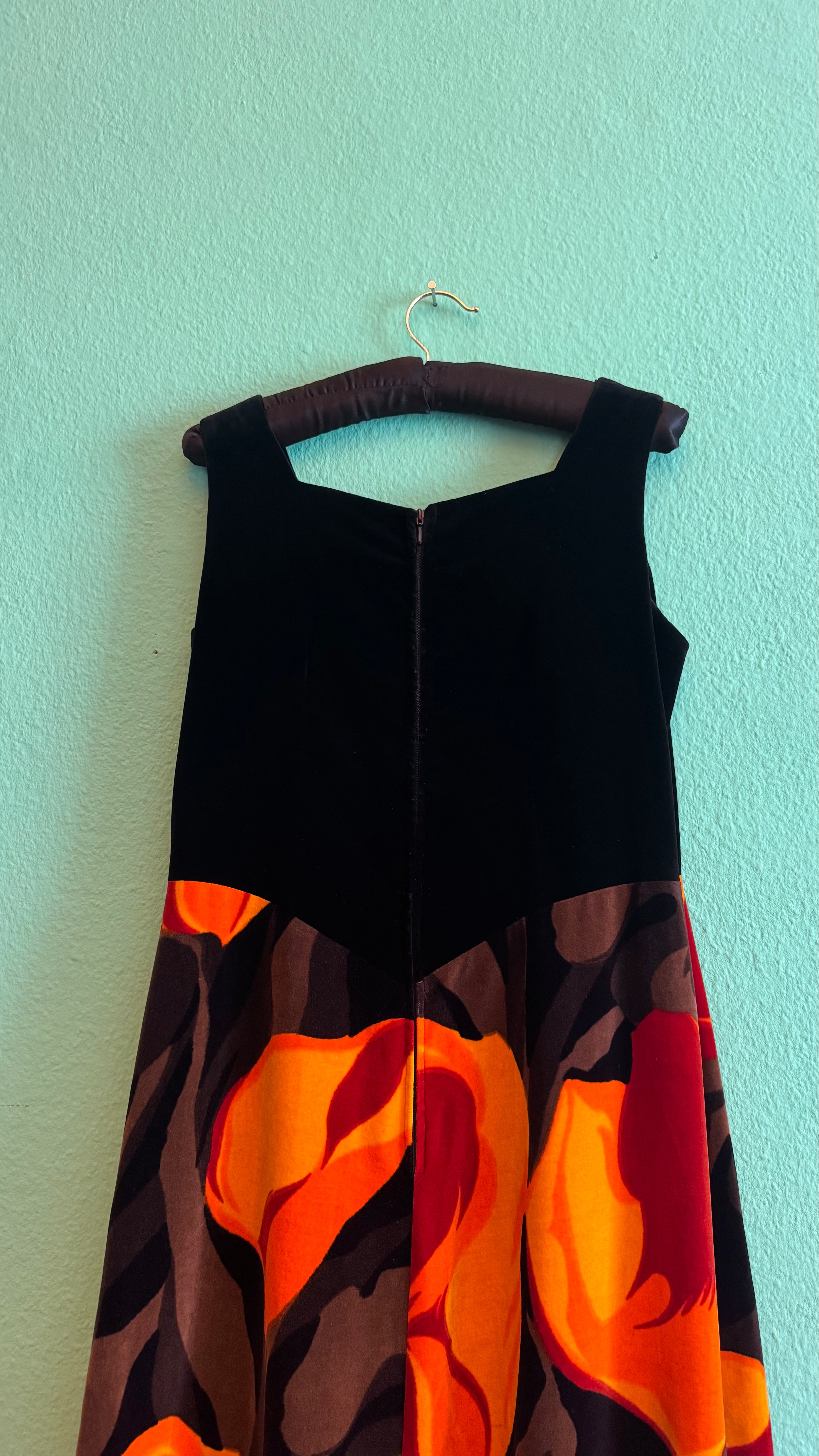 Vintage 1970s Black Velvet Floral Maxi Dress