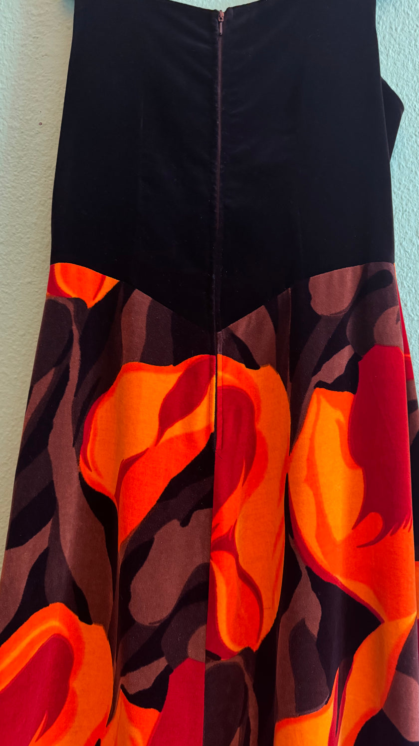 Vintage 1970s Black Velvet Floral Maxi Dress