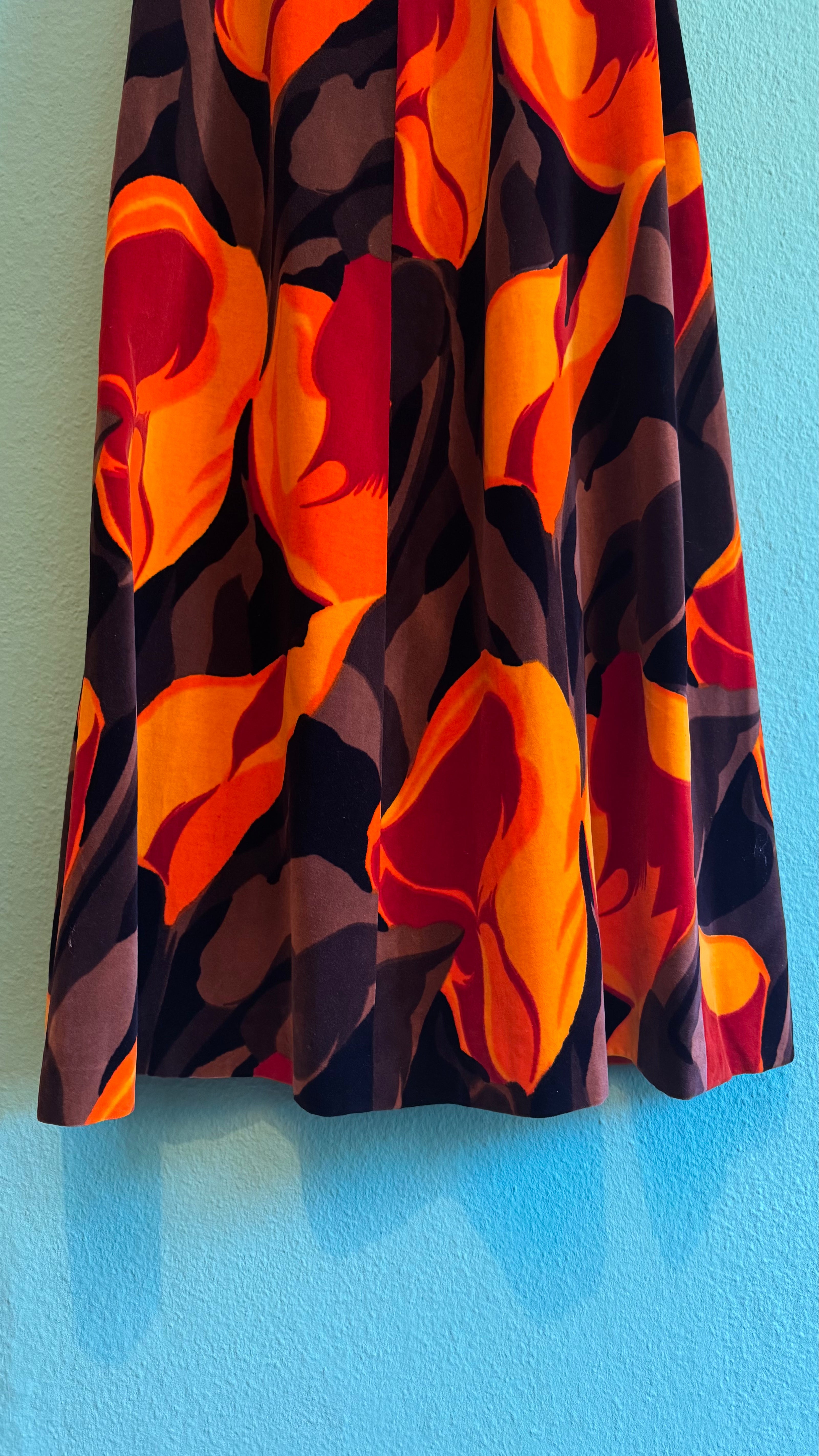 Vintage 1970s Black Velvet Floral Maxi Dress