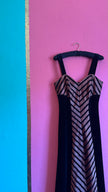 Vintage 1990s Vera Mont Black Velvet Striped Evening Dress