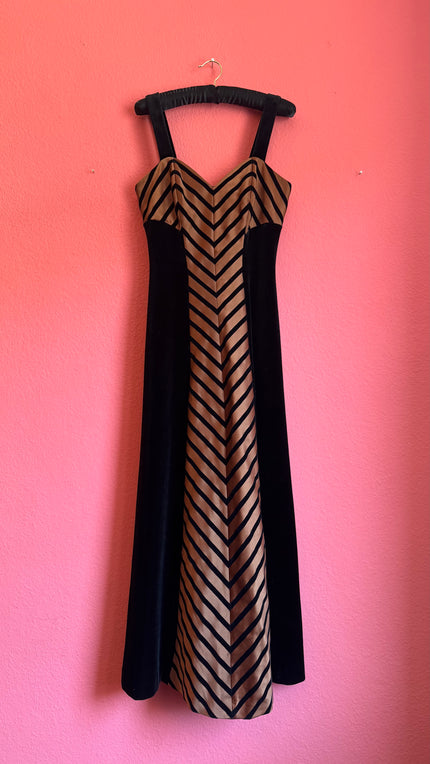 Vintage 1990s Vera Mont Black Velvet Striped Evening Dress