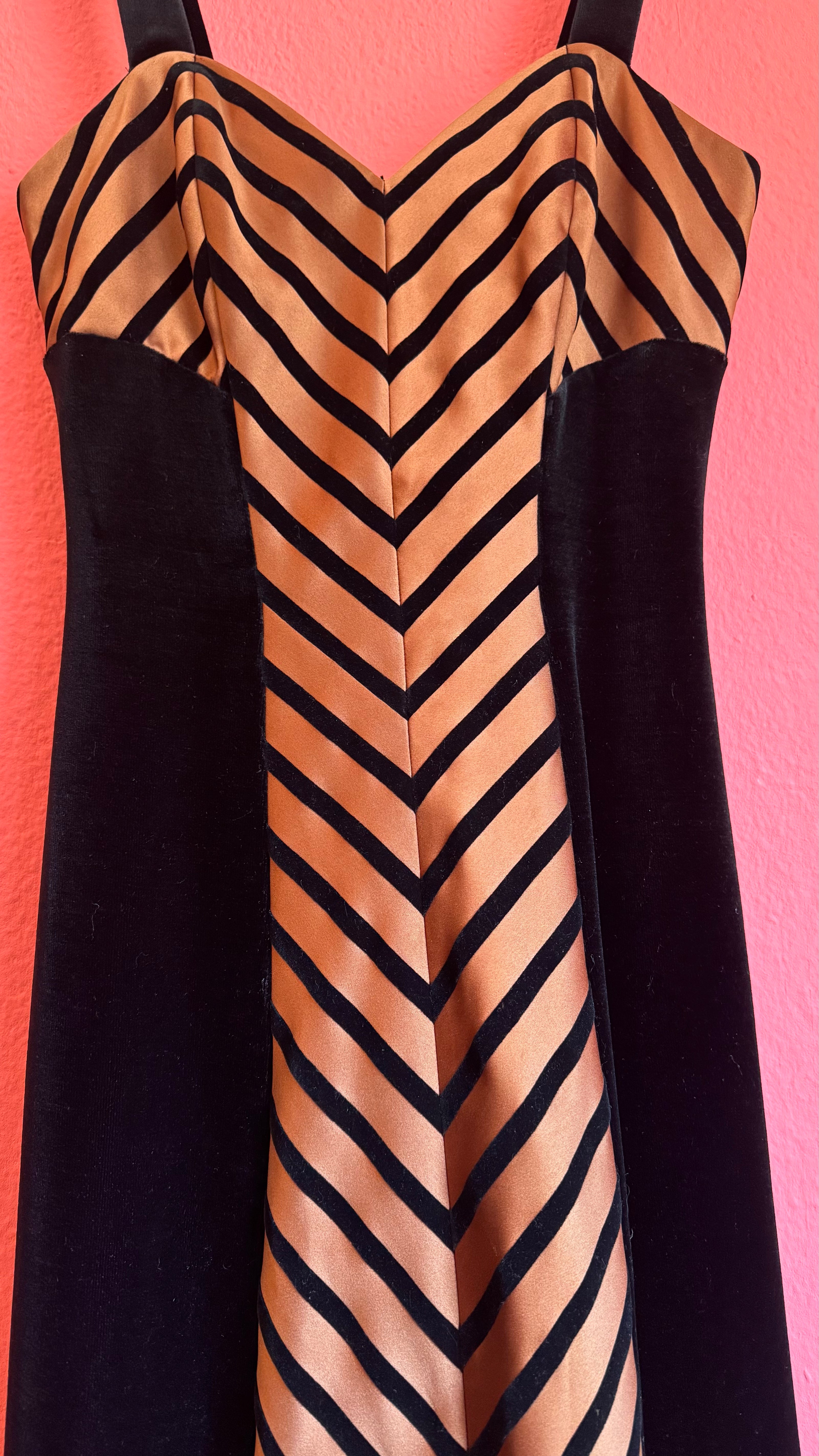 Vintage 1990s Vera Mont Black Velvet Striped Evening Dress