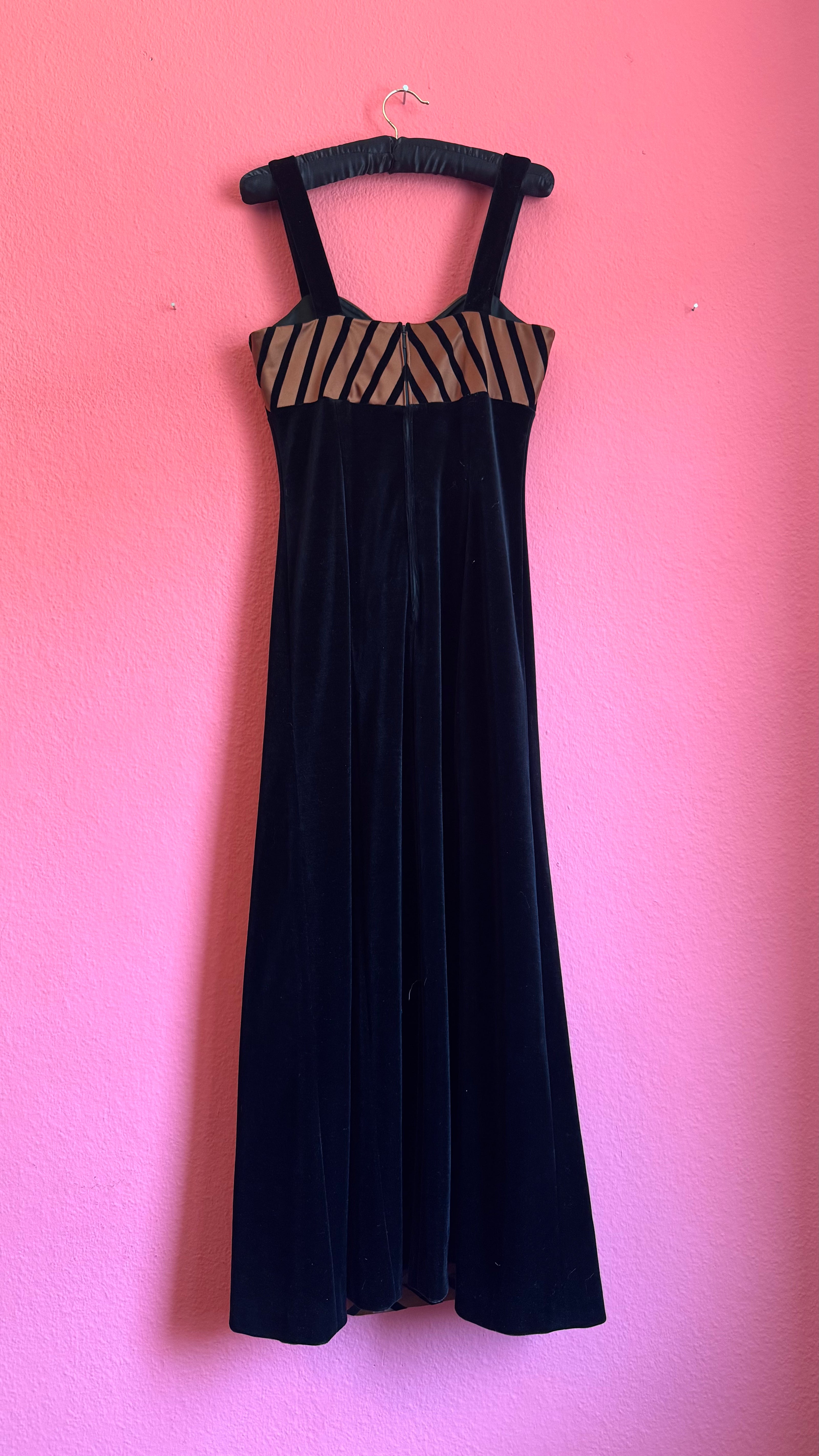 Vintage 1990s Vera Mont Black Velvet Striped Evening Dress