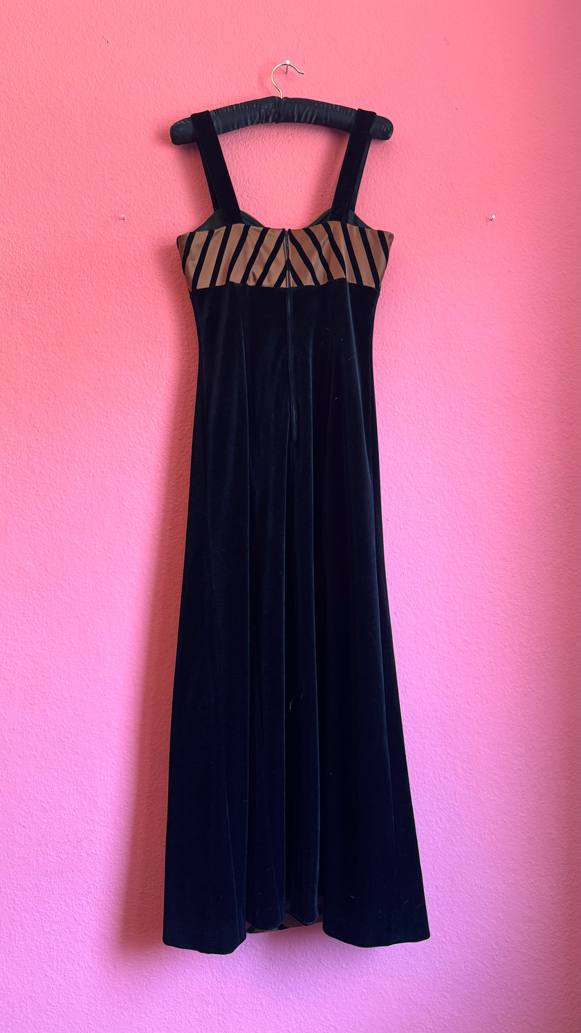 Vintage 1990s Vera Mont Black Velvet Striped Evening Dress