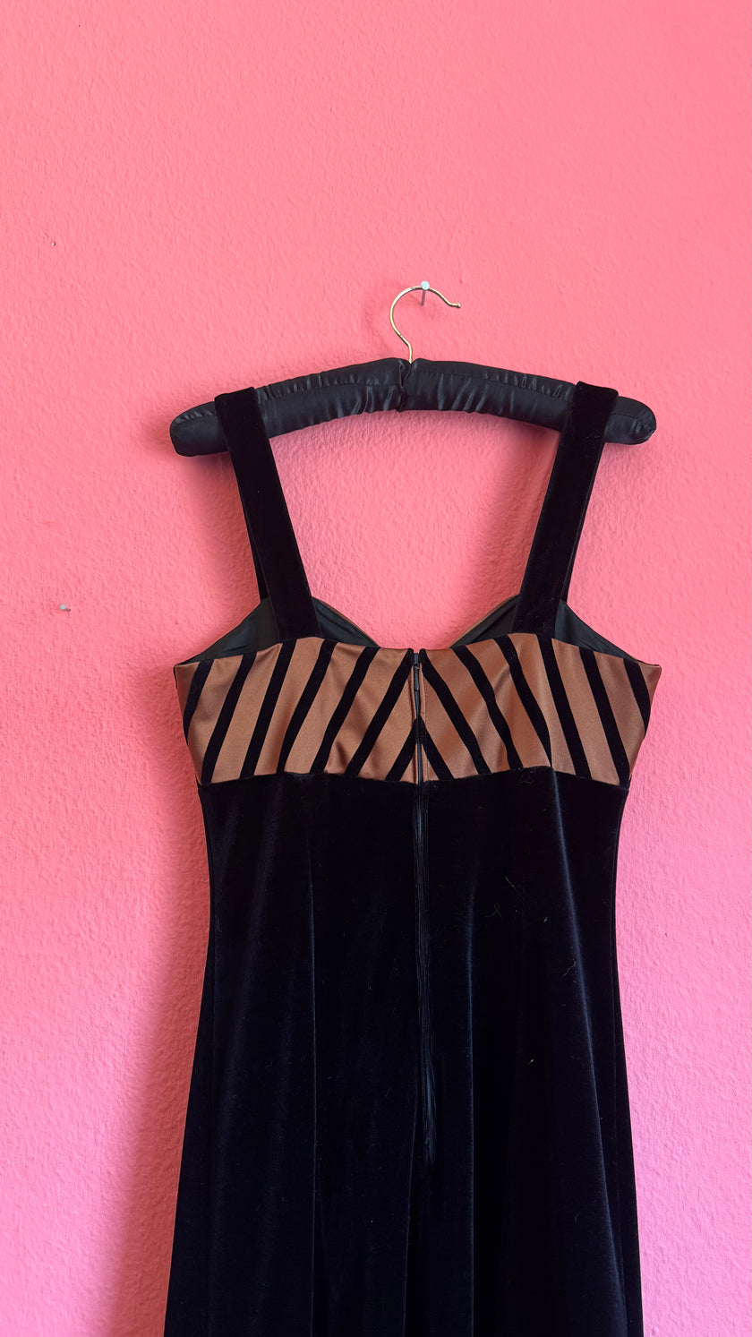 Vintage 1990s Vera Mont Black Velvet Striped Evening Dress