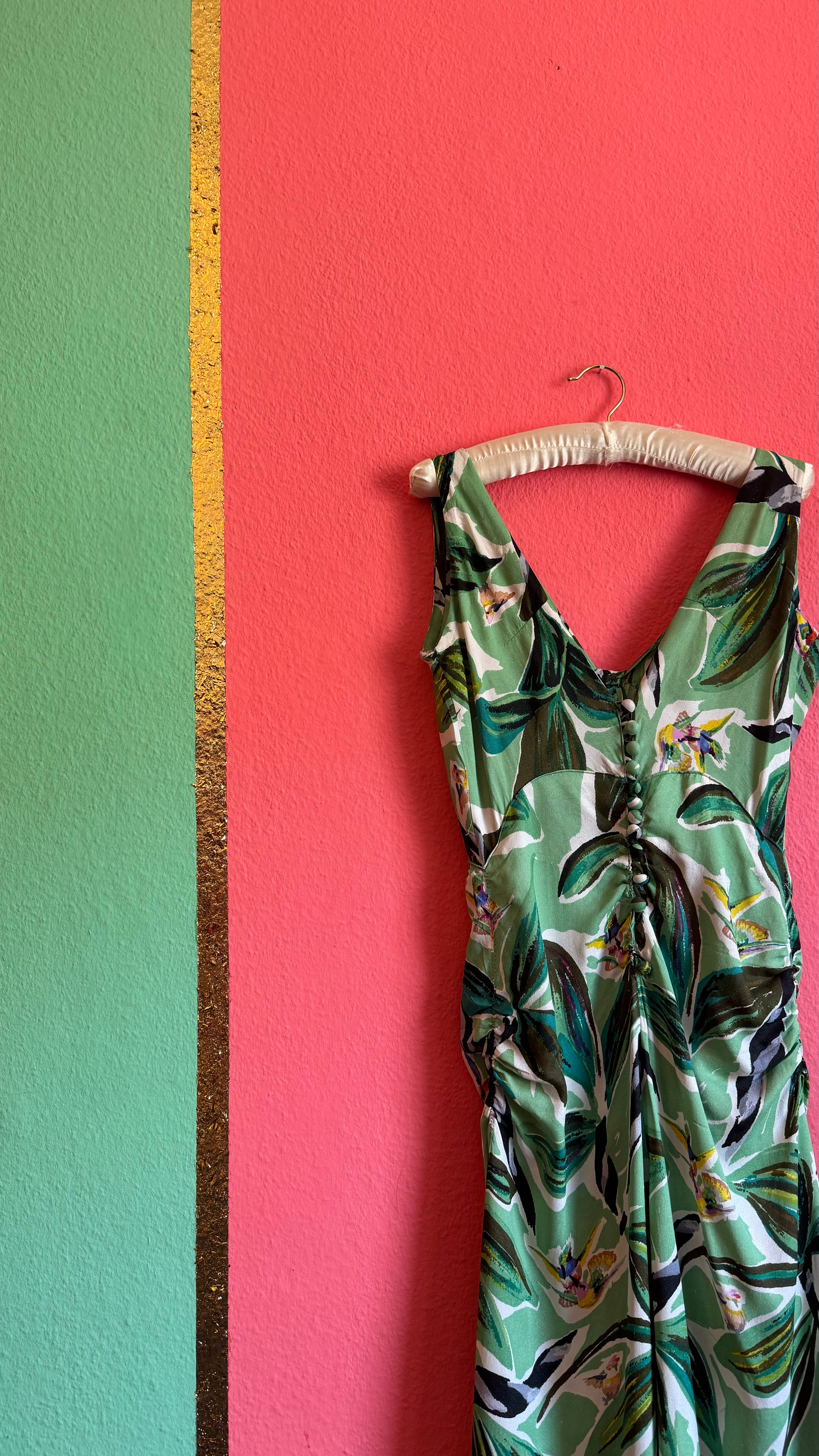 Vintage 1970s Green Rayon Tropical Maxi Dress