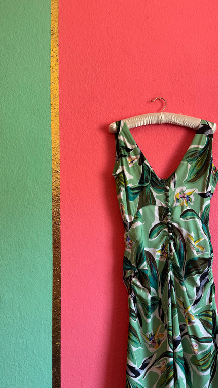 Vintage 1970s Green Rayon Tropical Maxi Dress