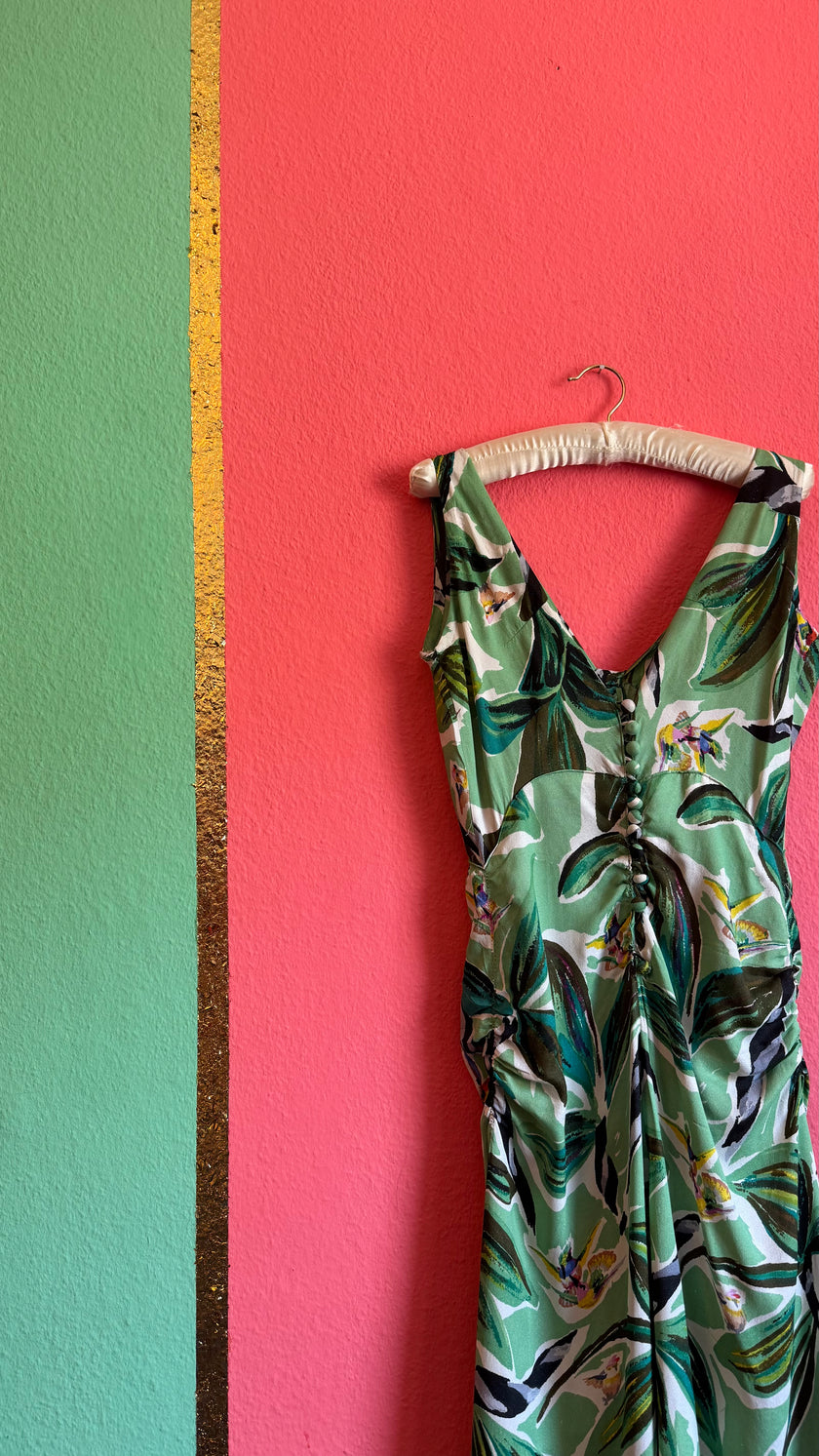 Vintage 1970s Green Rayon Tropical Maxi Dress