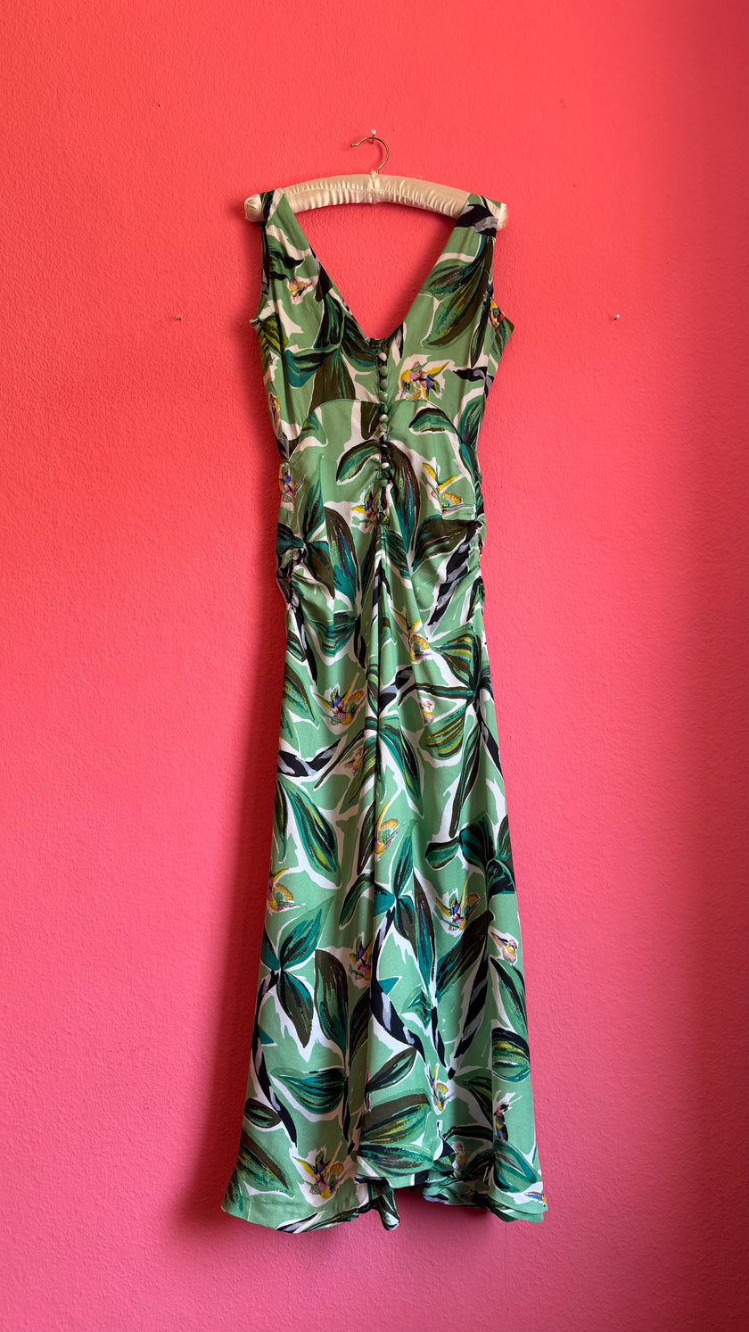 Vintage 1970s Green Rayon Tropical Maxi Dress