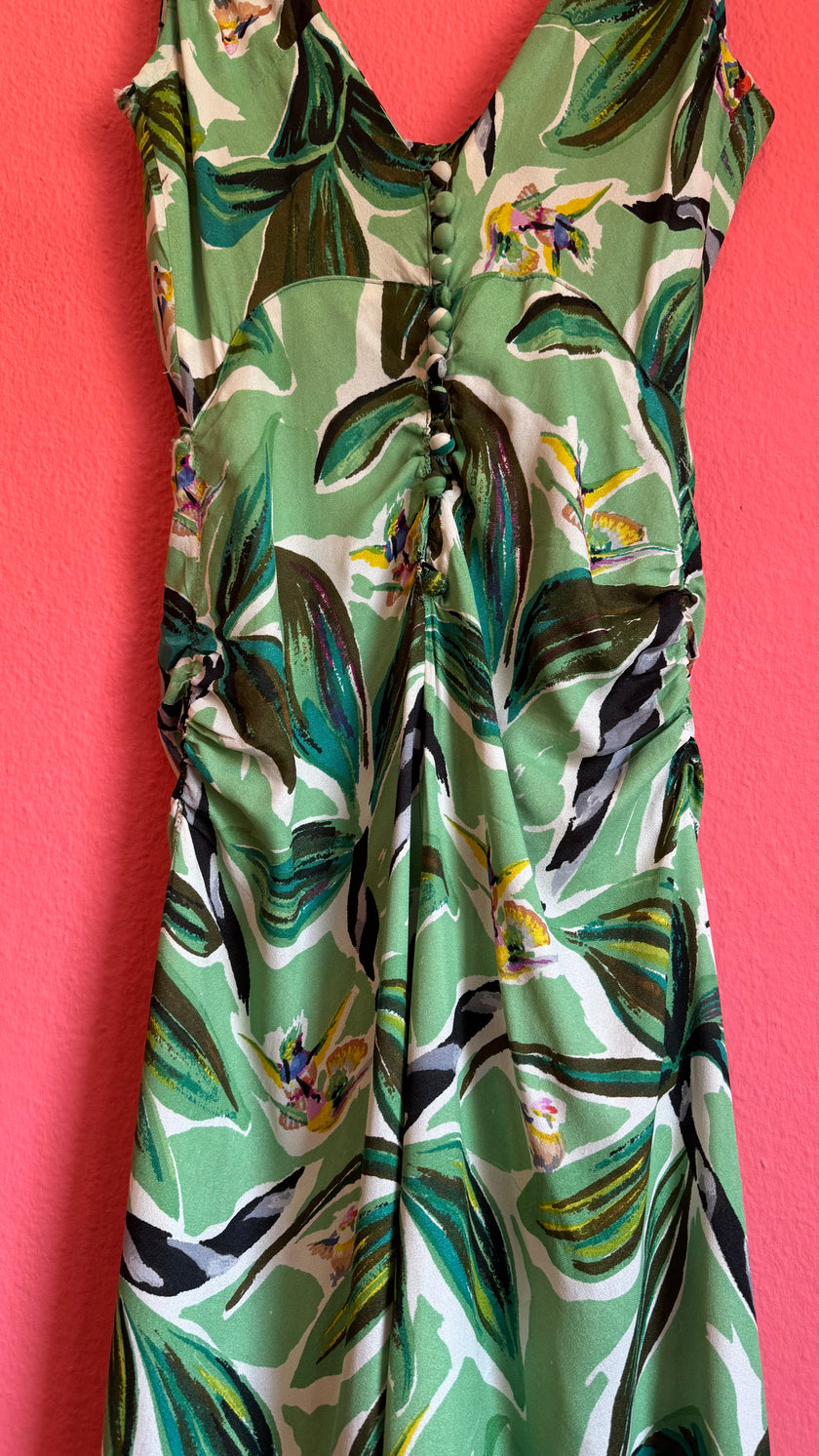 Vintage 1970s Green Rayon Tropical Maxi Dress