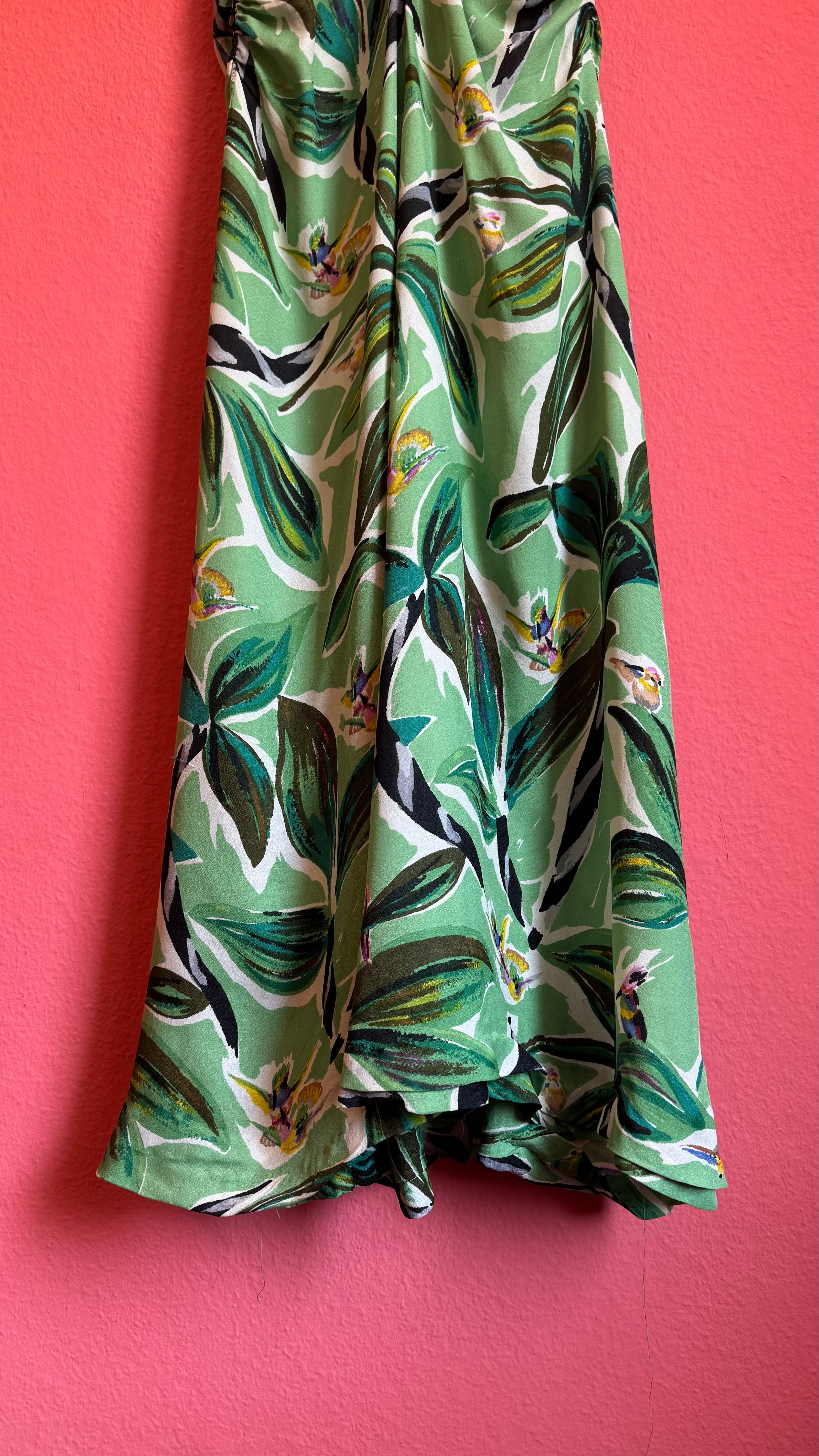 Vintage 1970s Green Rayon Tropical Maxi Dress