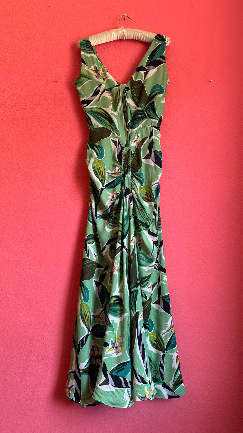 Vintage 1970s Green Rayon Tropical Maxi Dress