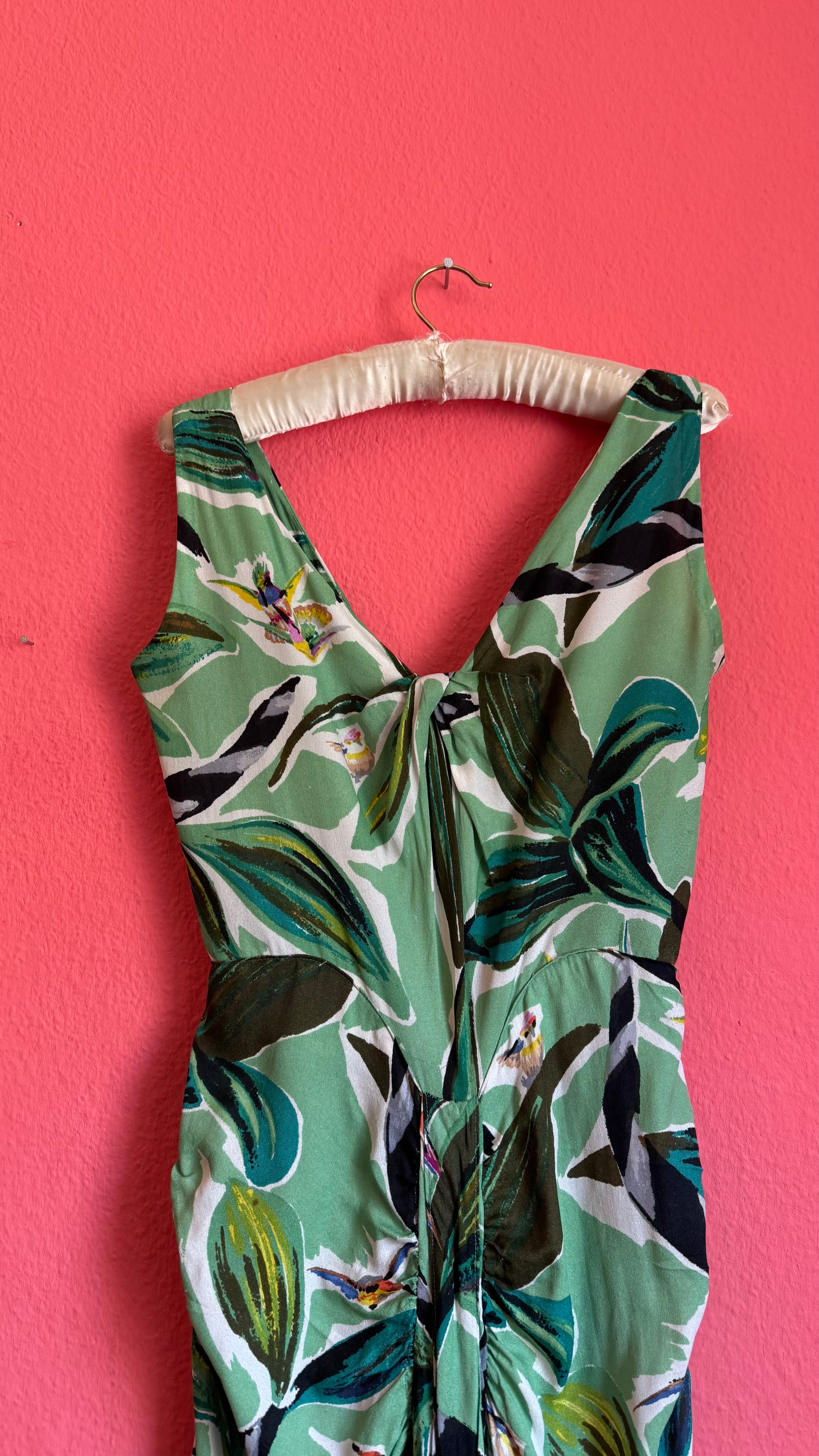 Vintage 1970s Green Rayon Tropical Maxi Dress