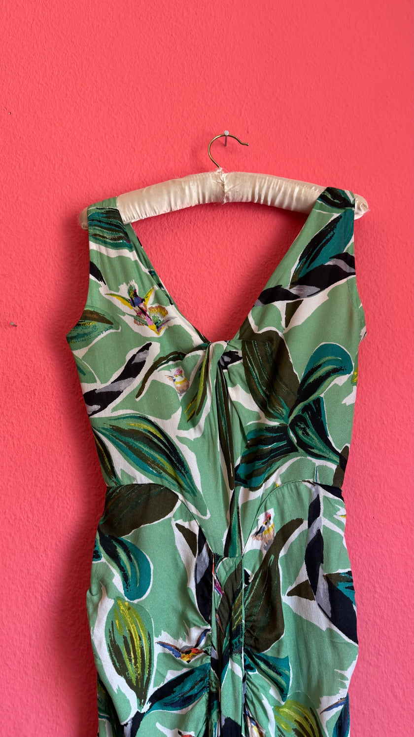 Vintage 1970s Green Rayon Tropical Maxi Dress