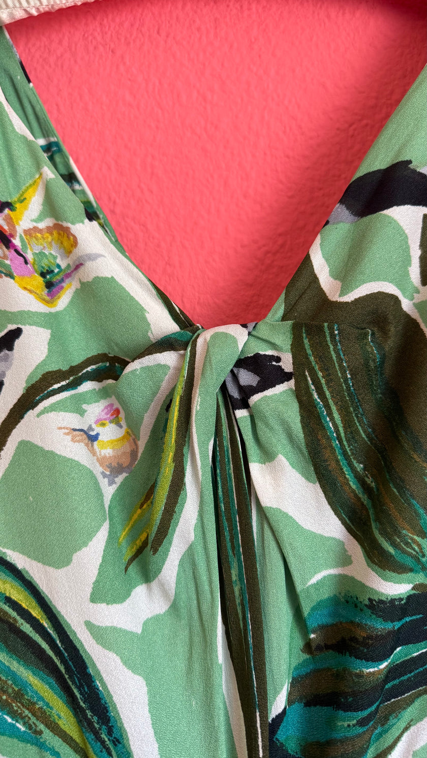 Vintage 1970s Green Rayon Tropical Maxi Dress