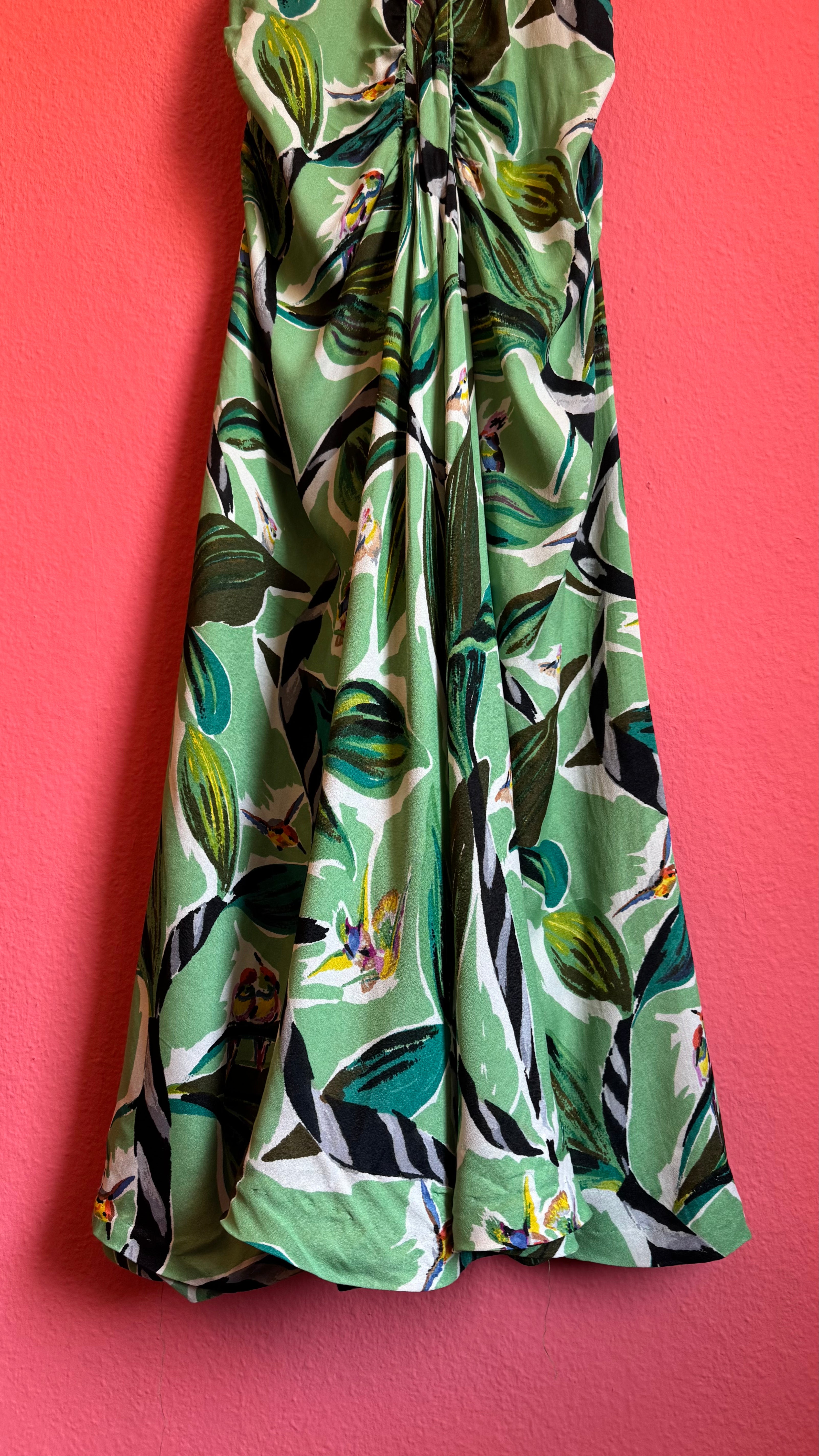 Vintage 1970s Green Rayon Tropical Maxi Dress