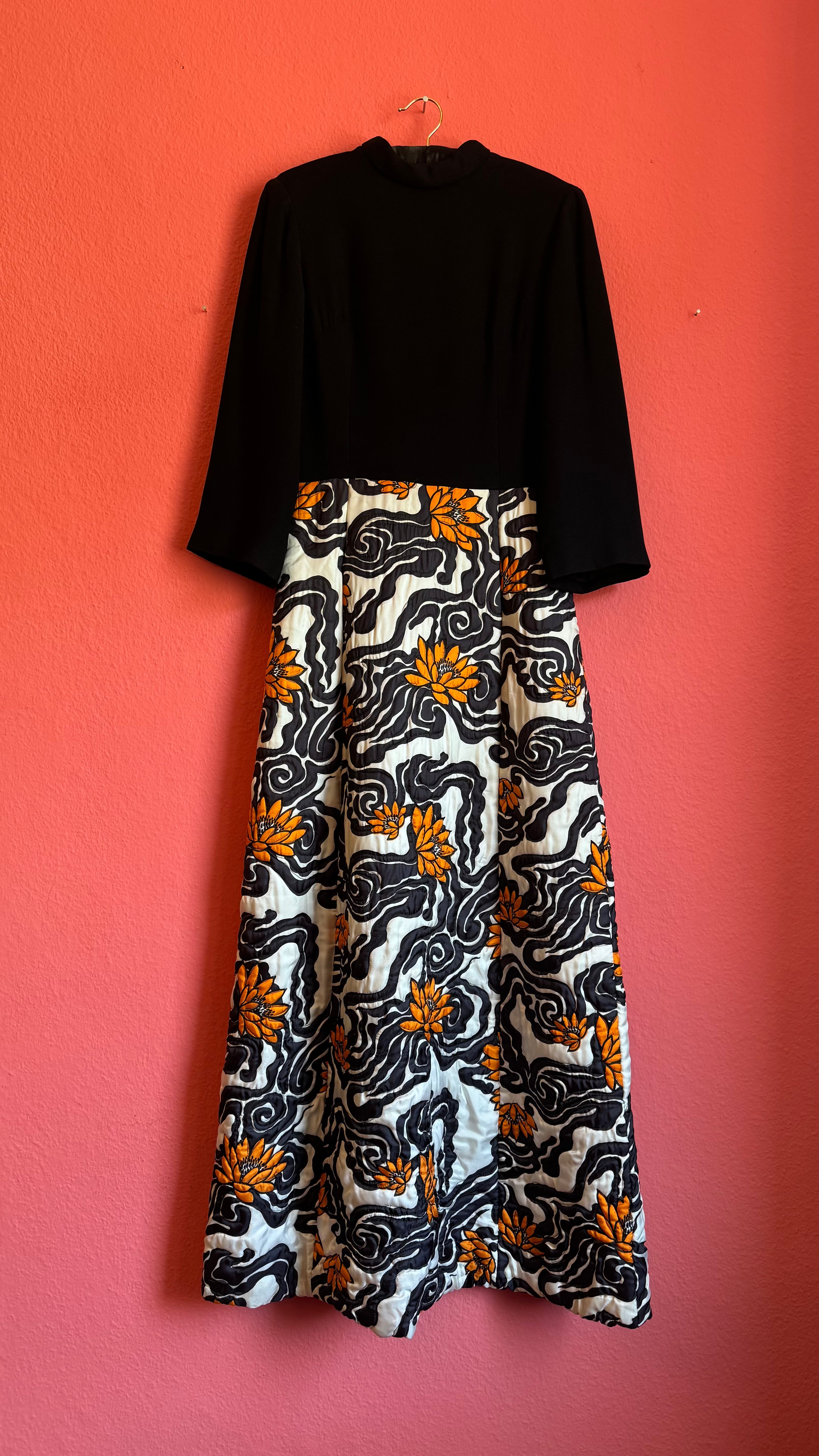 Vintage 1970s Black And Ivory Floral Maxi Dress