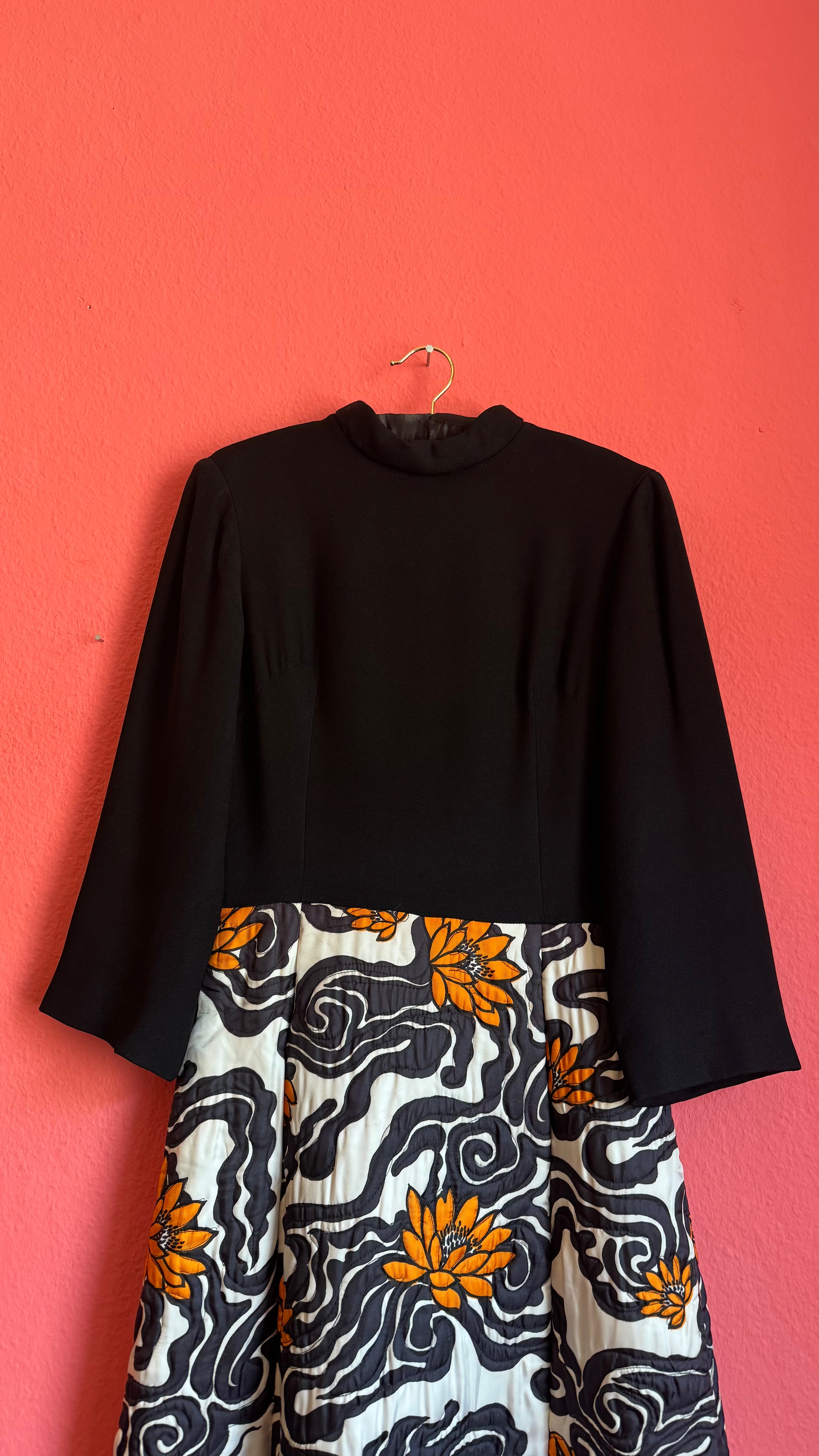 Vintage 1970s Black And Ivory Floral Maxi Dress