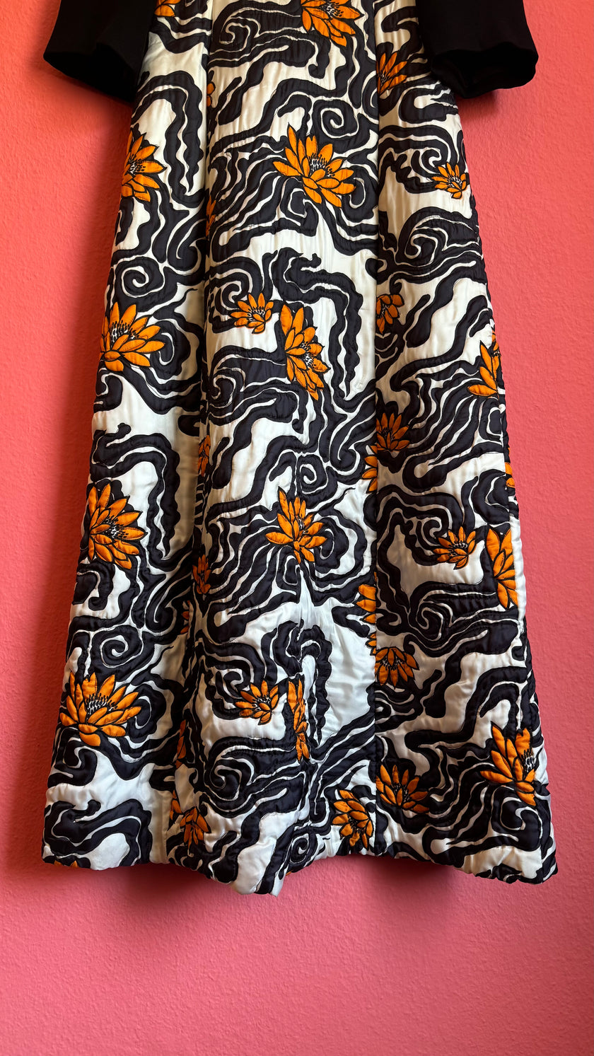 Vintage 1970s Black And Ivory Floral Maxi Dress