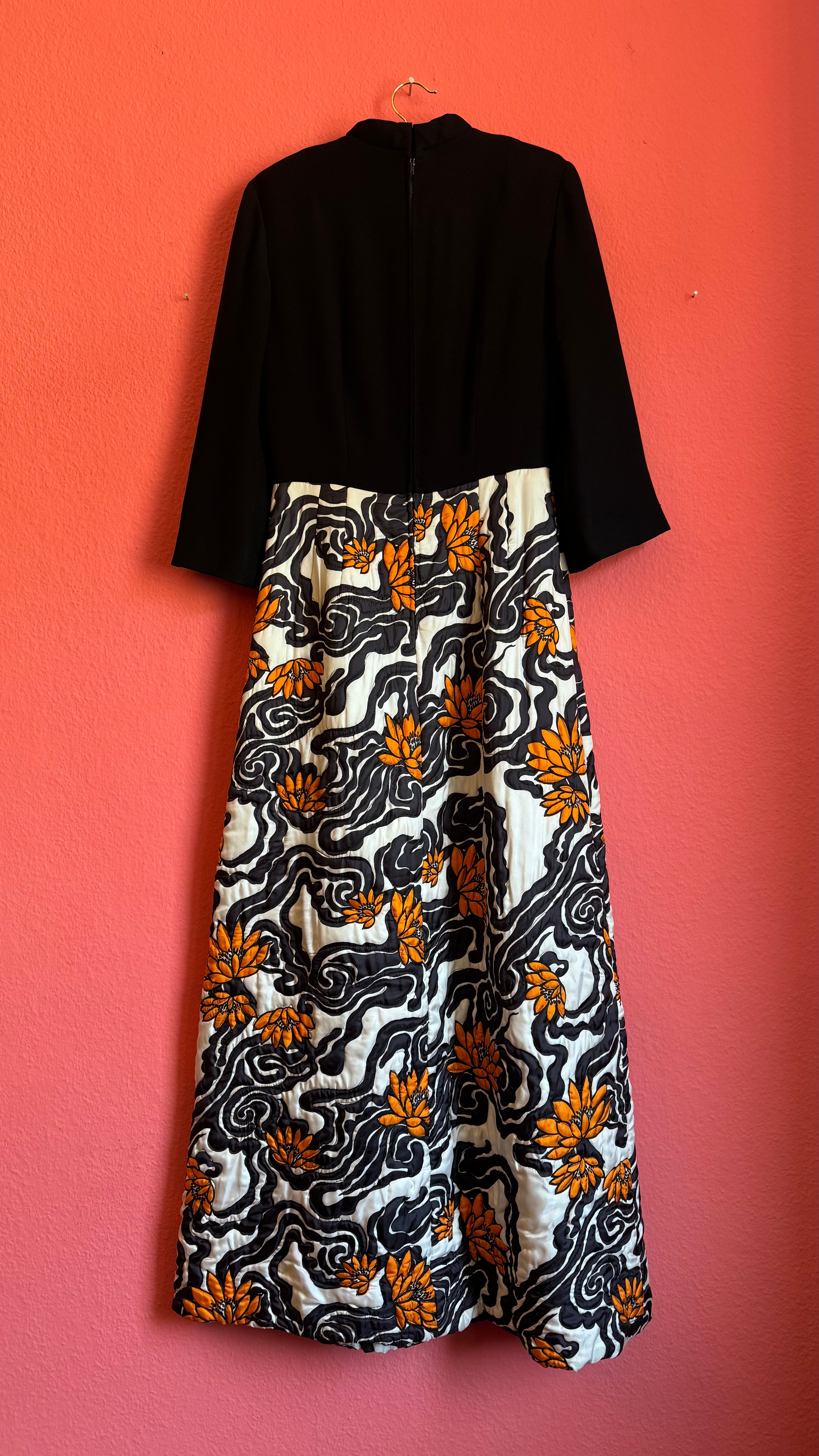 Vintage 1970s Black And Ivory Floral Maxi Dress