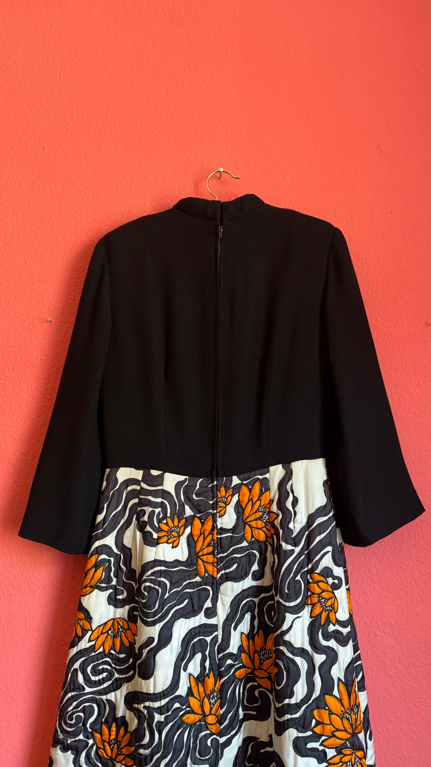 Vintage 1970s Black And Ivory Floral Maxi Dress