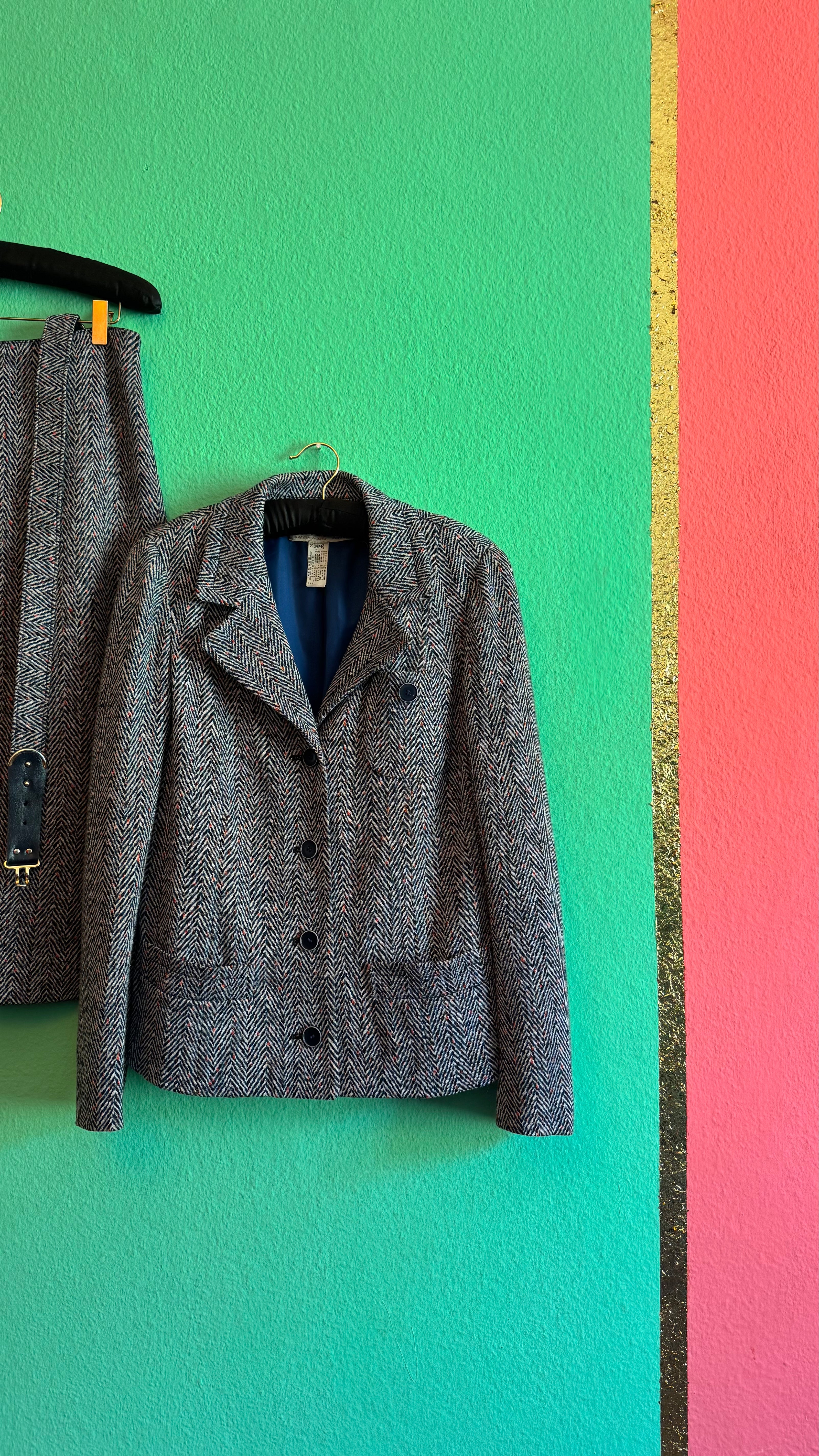 Vintage 1980s Tricosa Wool Acrylic Herringbone Skirt Suit Set