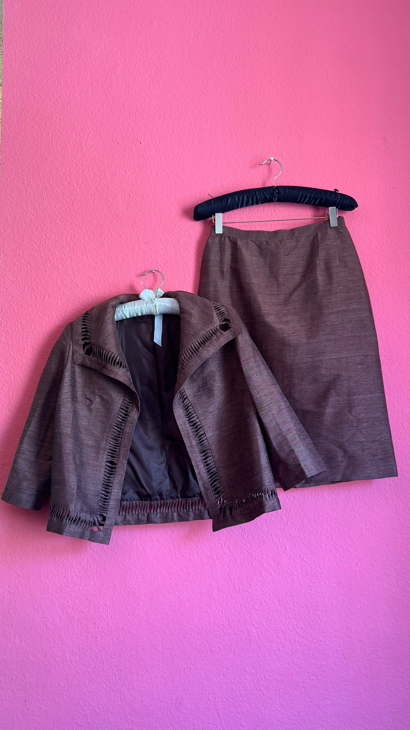 Vintage 1980s Brown Silk Cotton Skirt Suit Set
