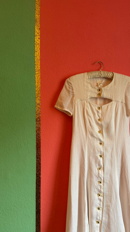 Vintage 1990s Escada Ivory Linen And Silk Button-Front Dress