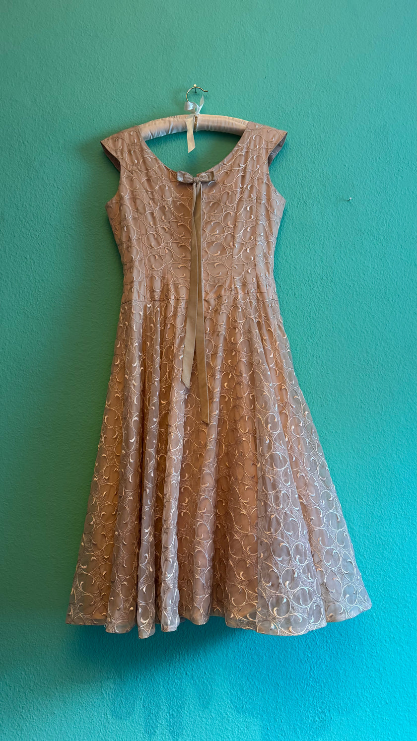 Vintage 1950s Champagne Embroidered Synthetic Occasion Dress