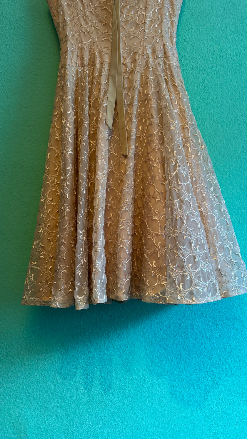 Vintage 1950s Champagne Embroidered Synthetic Occasion Dress