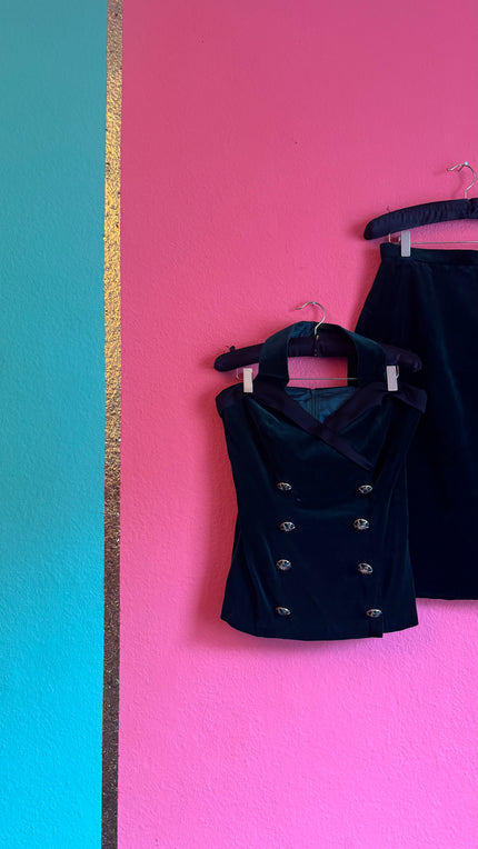 Vintage 1980s Dark Green Velvet Vest And Skirt Set