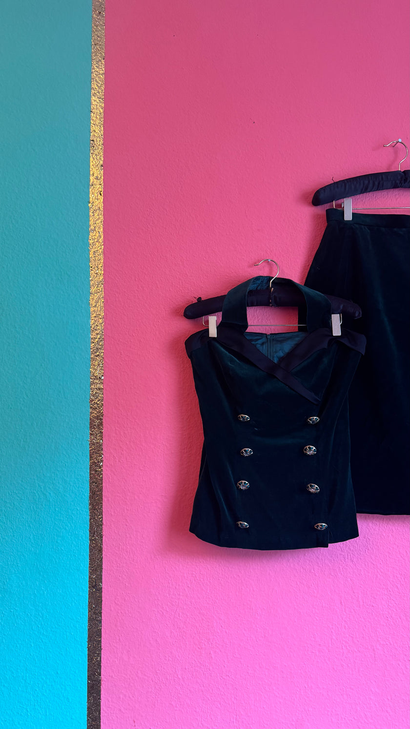 Vintage 1980s Dark Green Velvet Vest And Skirt Set